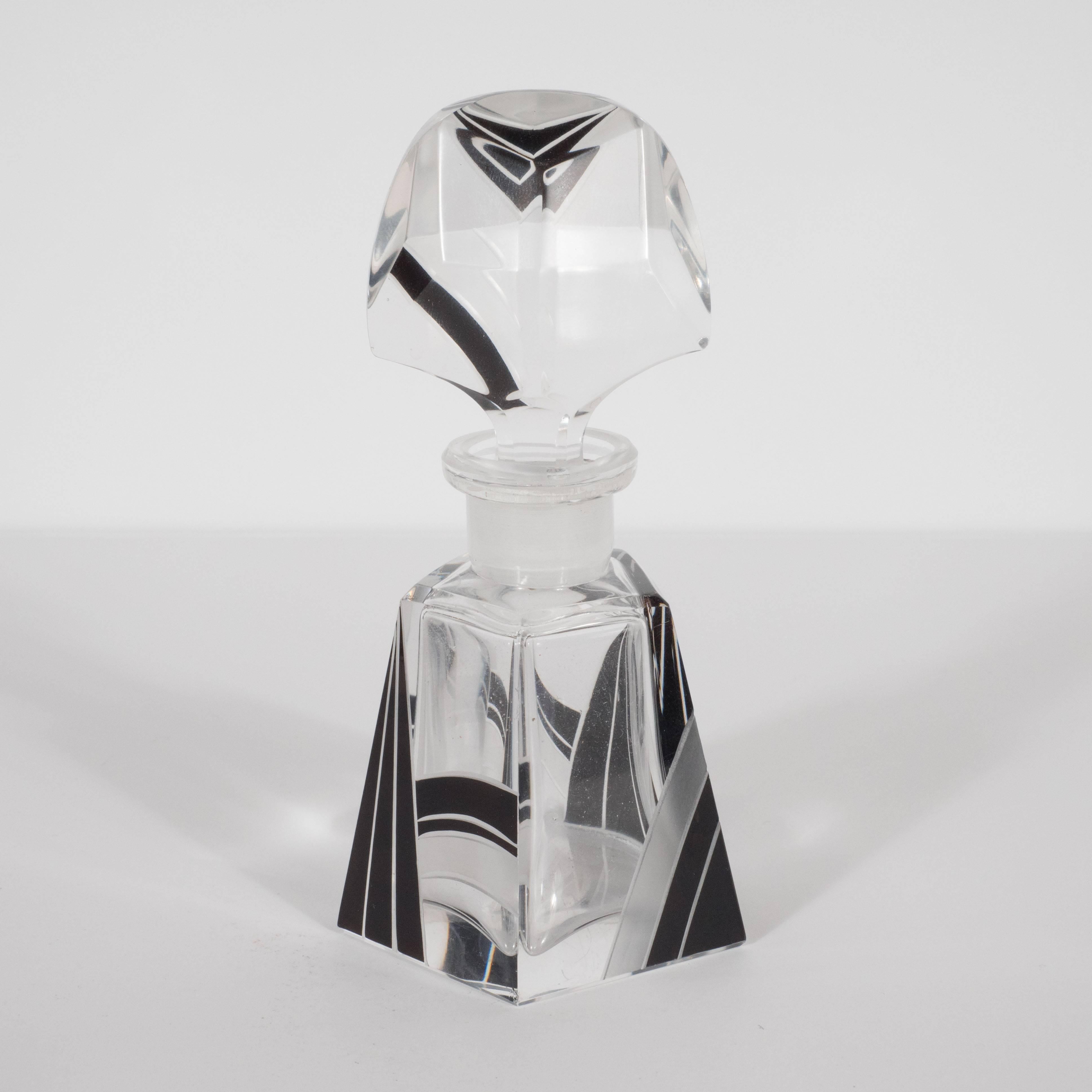 Czech Art Deco Perfume Bottle with Black Overlaid & Frosted Glass Cubist Detail In Excellent Condition In New York, NY