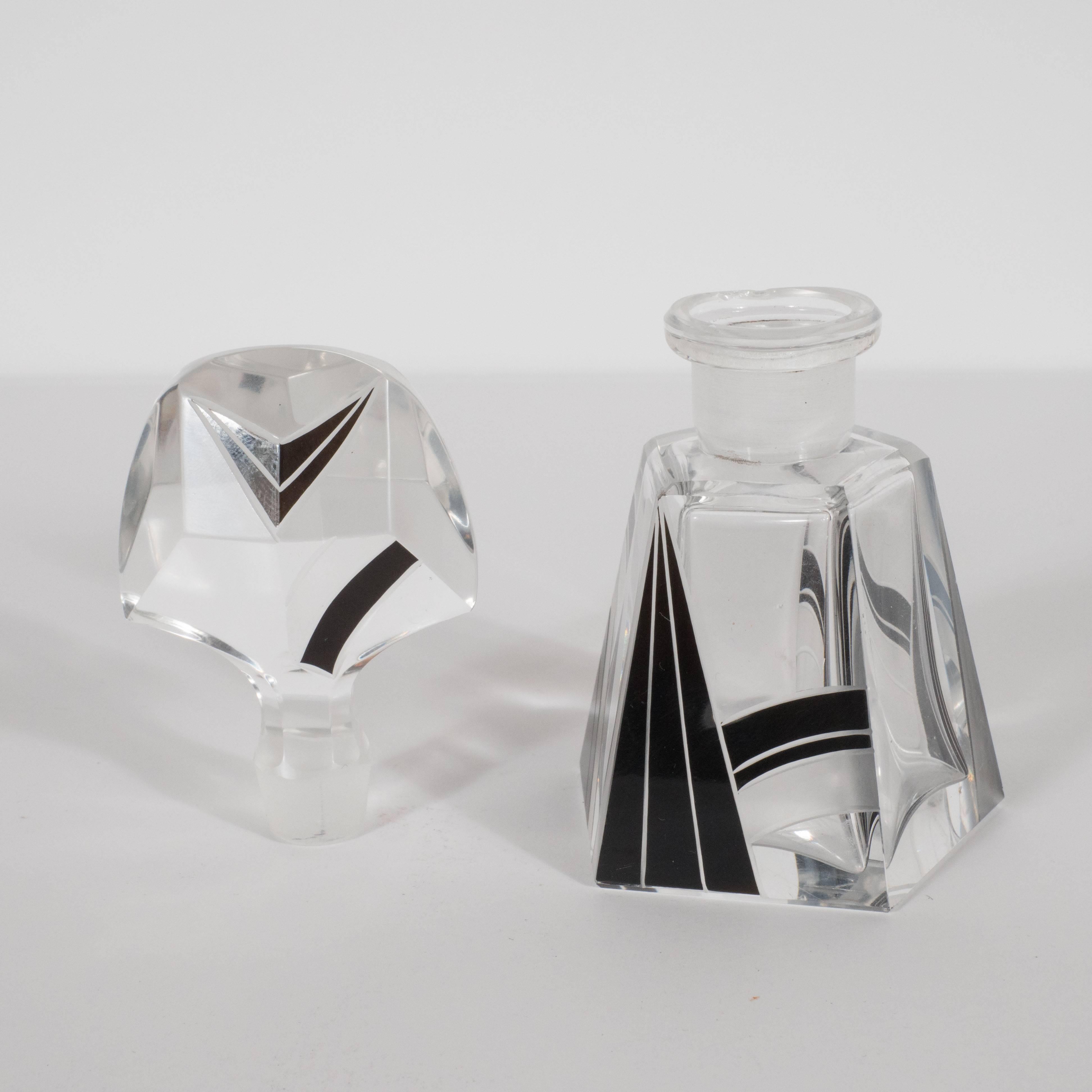 Mid-20th Century Czech Art Deco Perfume Bottle with Black Overlaid & Frosted Glass Cubist Detail