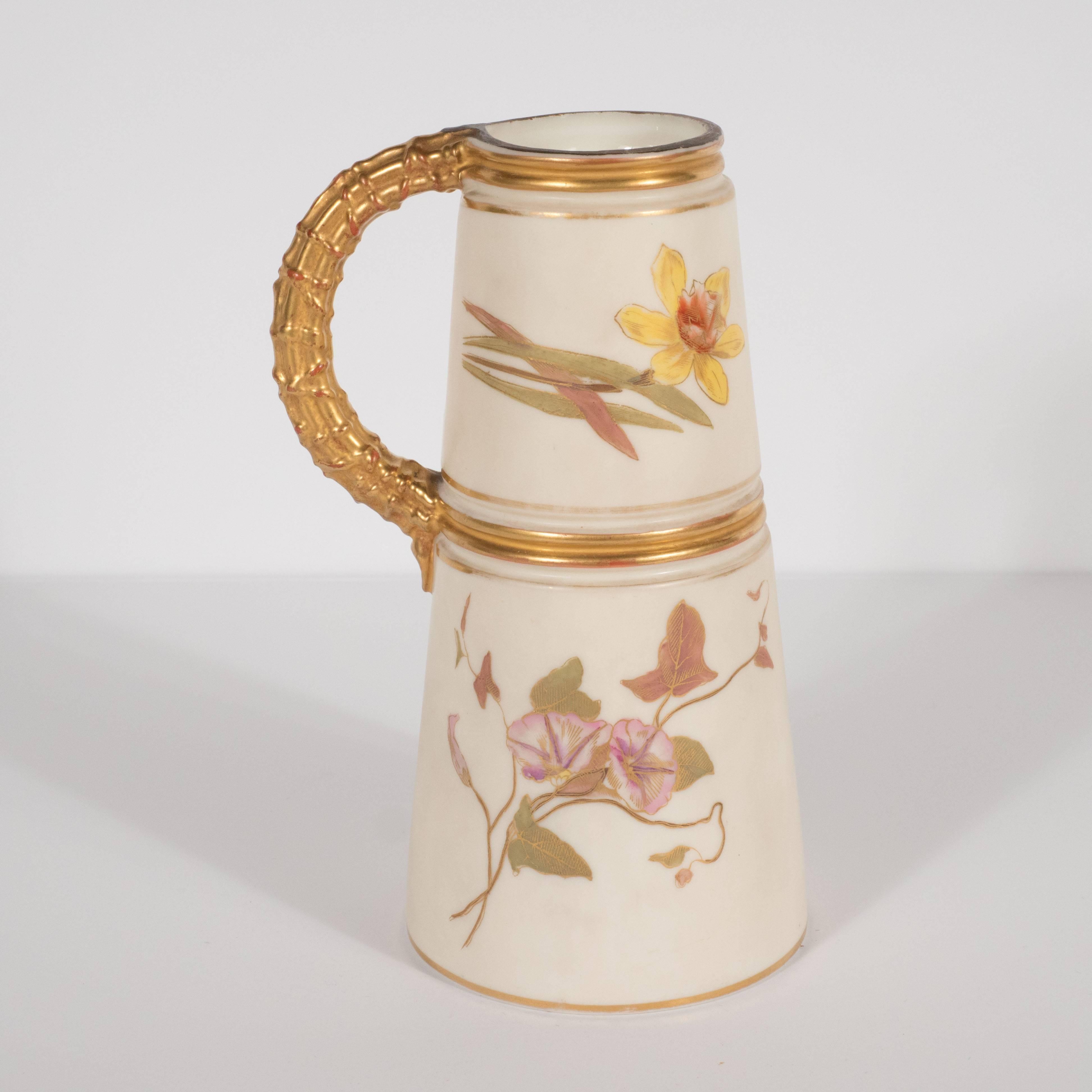 European Hand-Painted Gilded Art Nouveau Bonn Royal Worcester Vase with Floral Motif