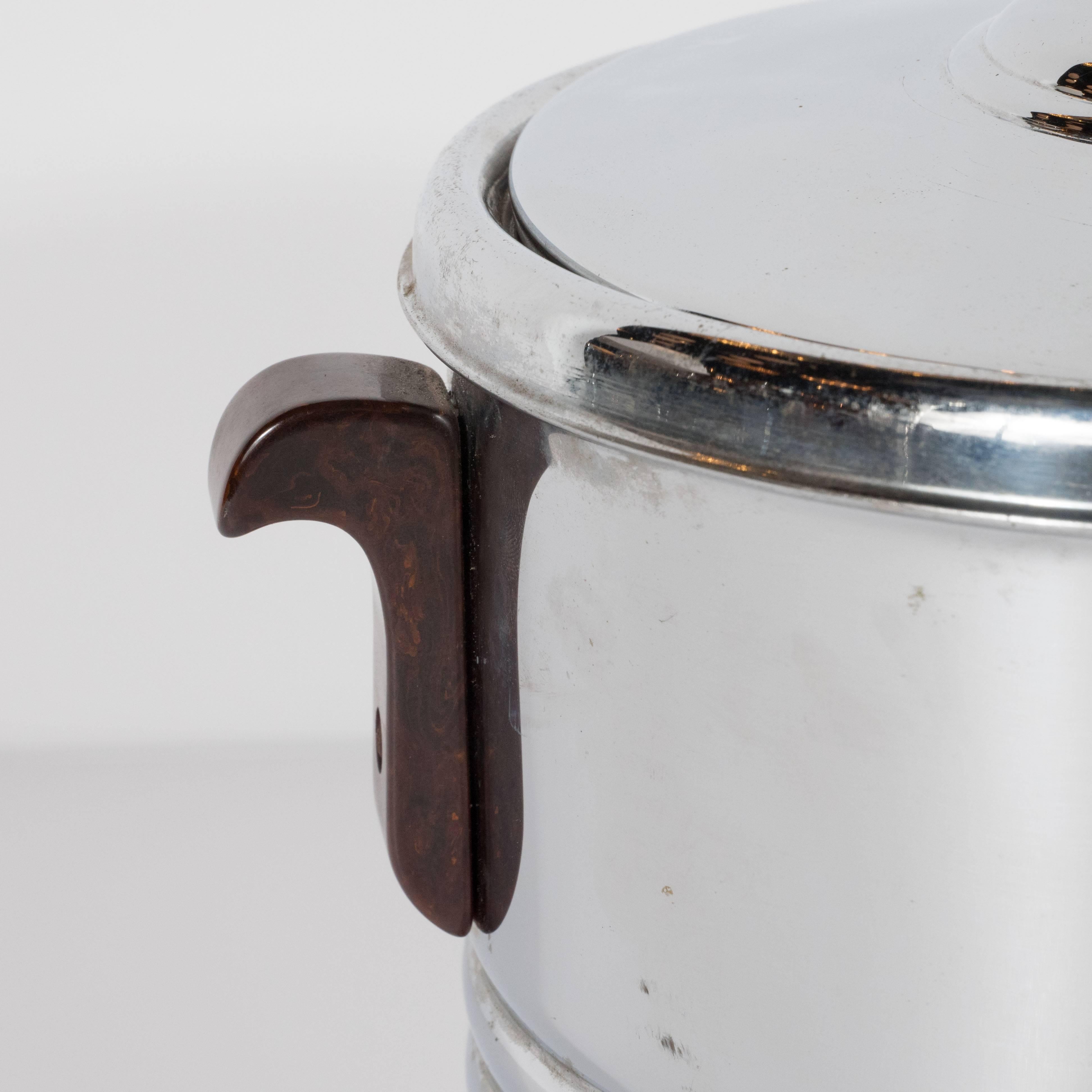 Art Deco Machine Age Chrome & Ceramic Ice Bucket with Bakelite Handles & Finial 2