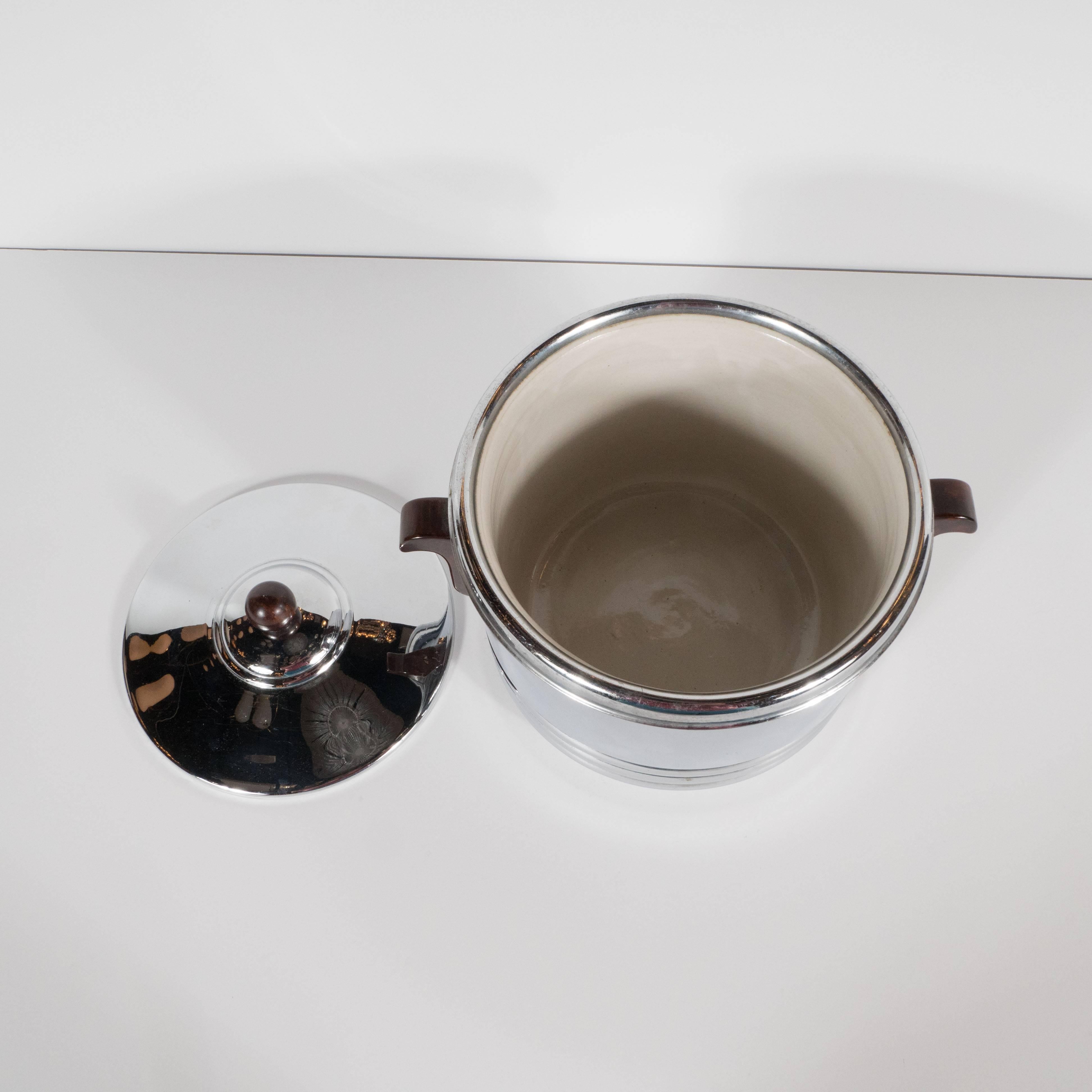 Mid-20th Century Art Deco Machine Age Chrome & Ceramic Ice Bucket with Bakelite Handles & Finial