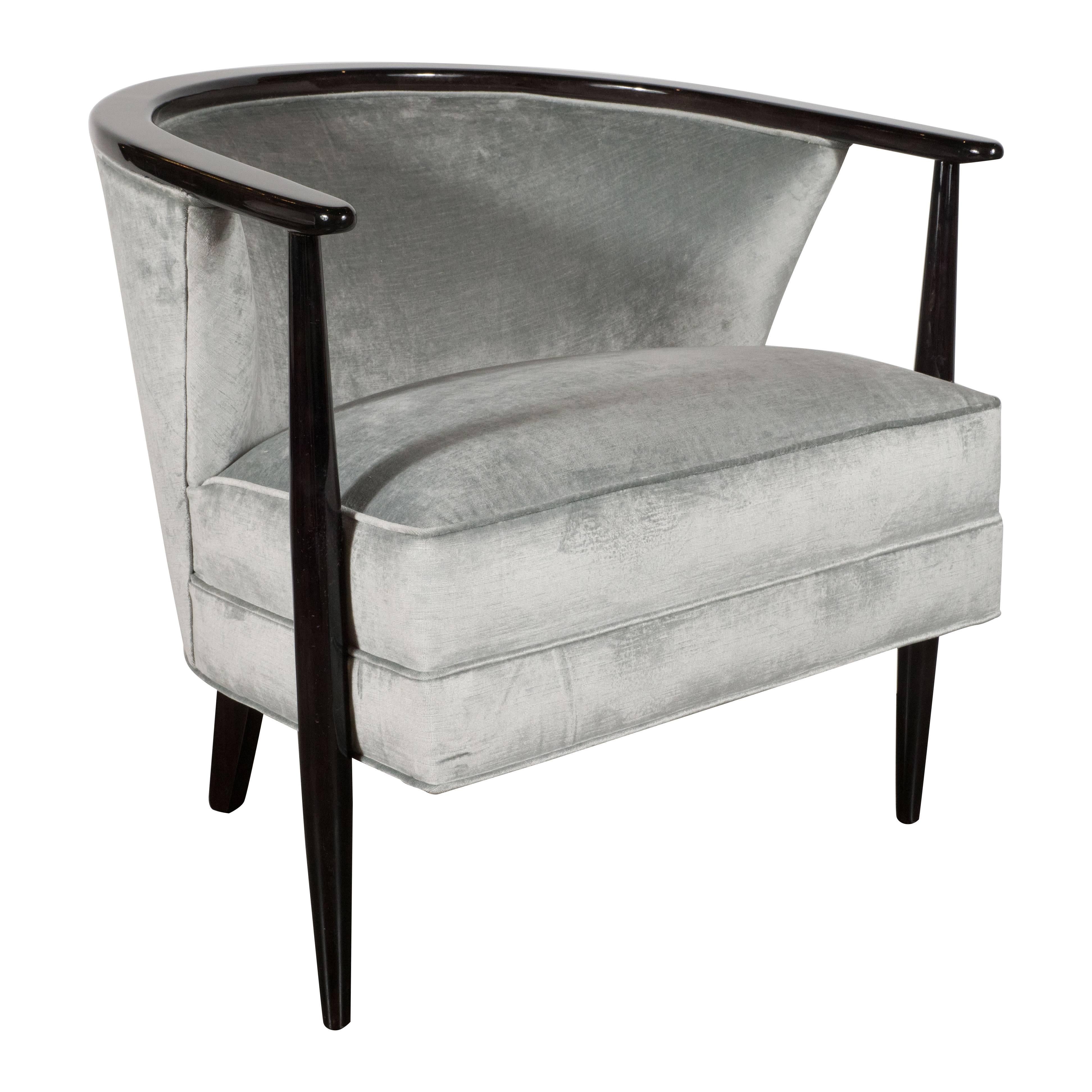 Mid-Century Modern Barrel Back/ Club Chair in Ebonized Walnut & Platinum Velvet
