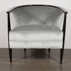Mid-Century Modern Barrel Back/ Club Chair in Ebonized Walnut & Platinum Velvet