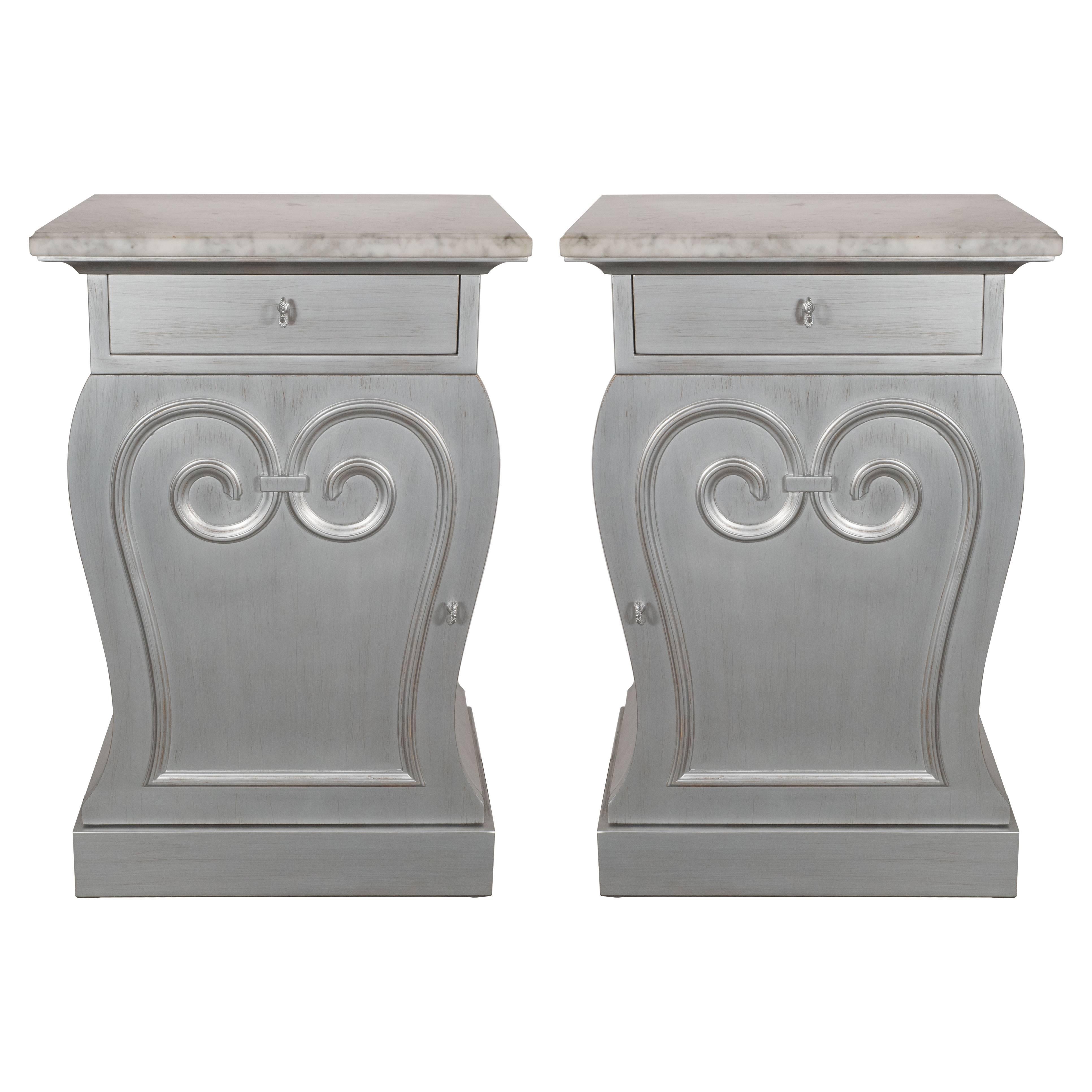 Pair of Deco End Tables in Silverleaf with Carrara Marble Tops by Grosfeld House