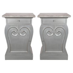 Pair of Deco End Tables in Silverleaf with Carrara Marble Tops by Grosfeld House