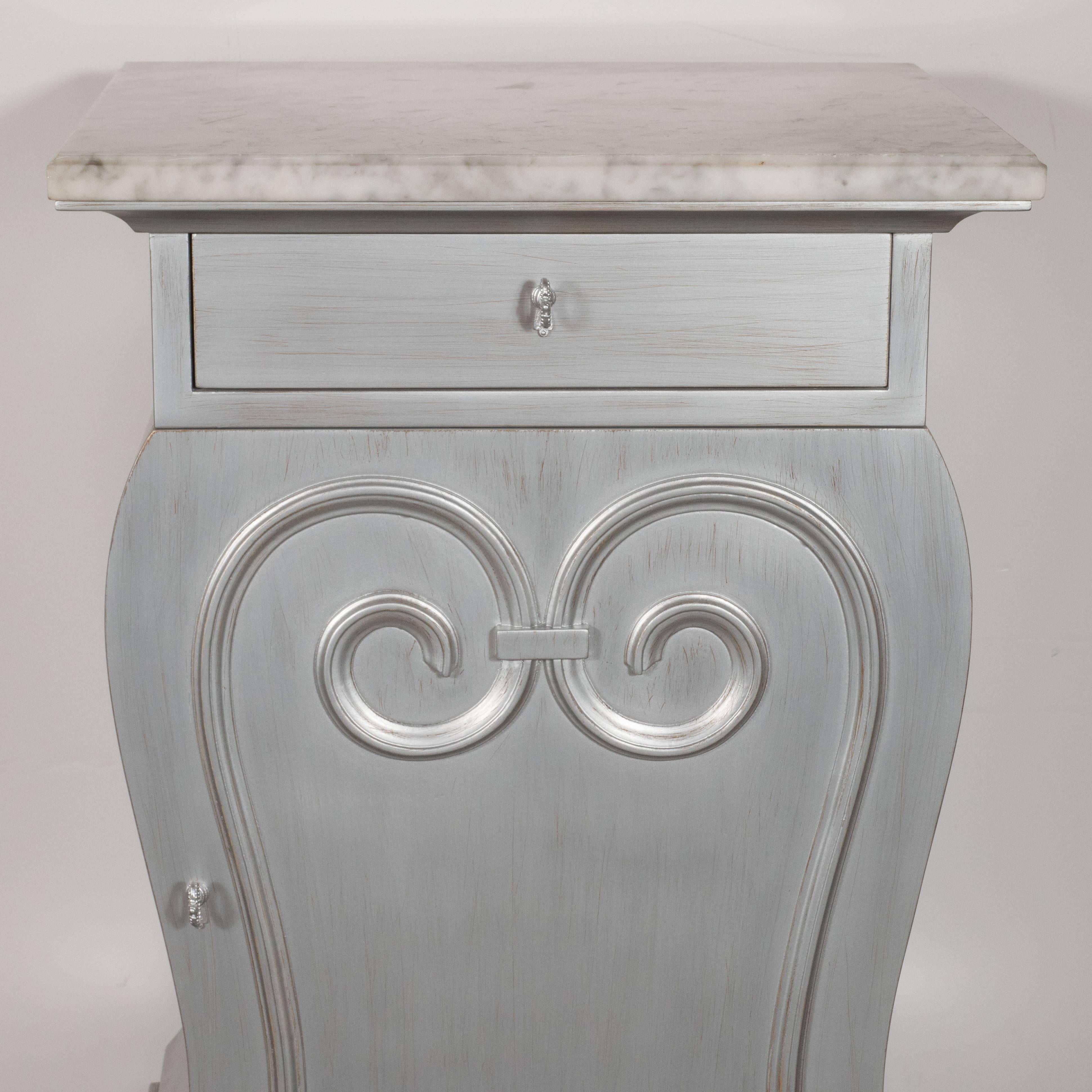 Pair of Deco End Tables in Silverleaf with Carrara Marble Tops by Grosfeld House 1