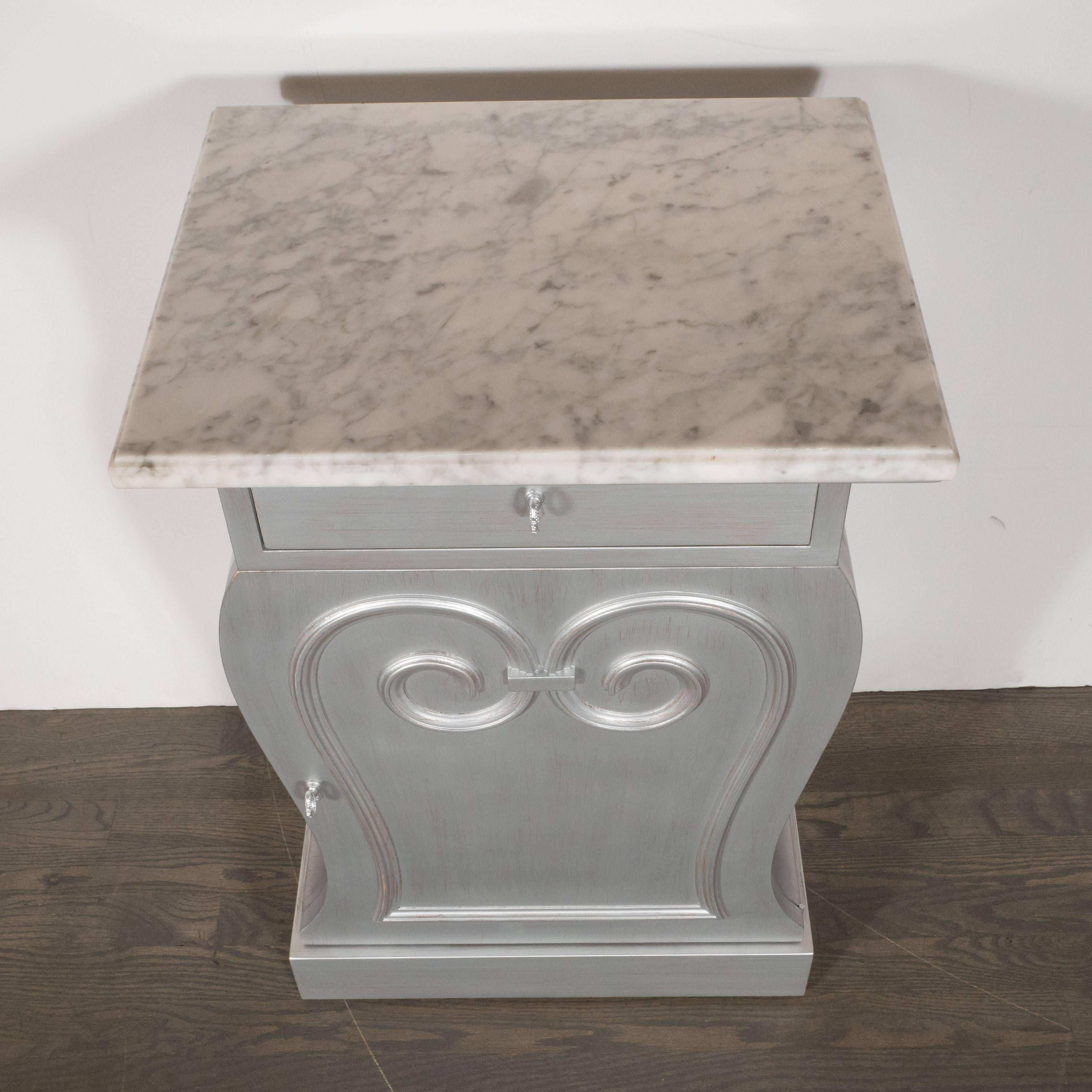 Silver Leaf Pair of Deco End Tables in Silverleaf with Carrara Marble Tops by Grosfeld House