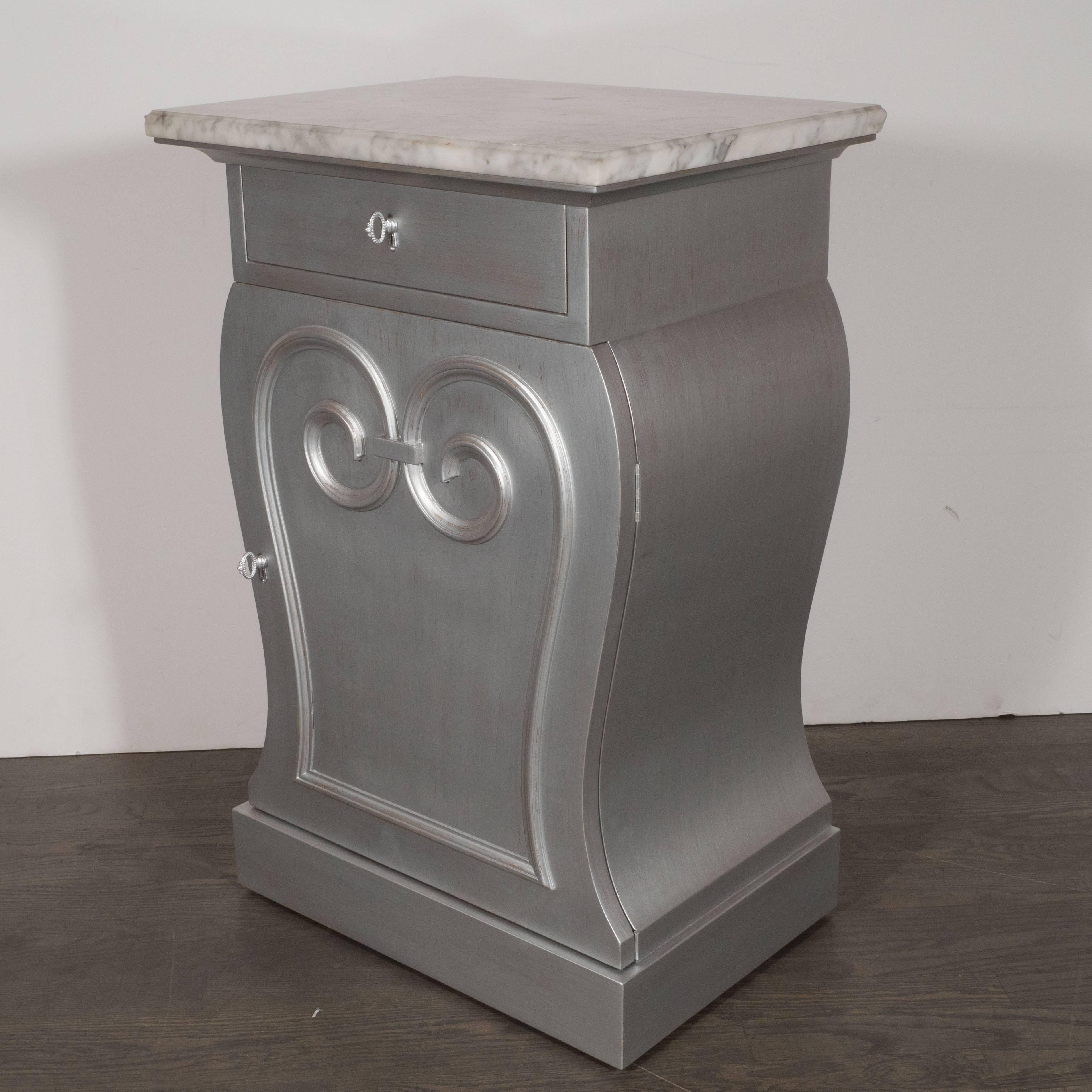 Art Deco Pair of Deco End Tables in Silverleaf with Carrara Marble Tops by Grosfeld House