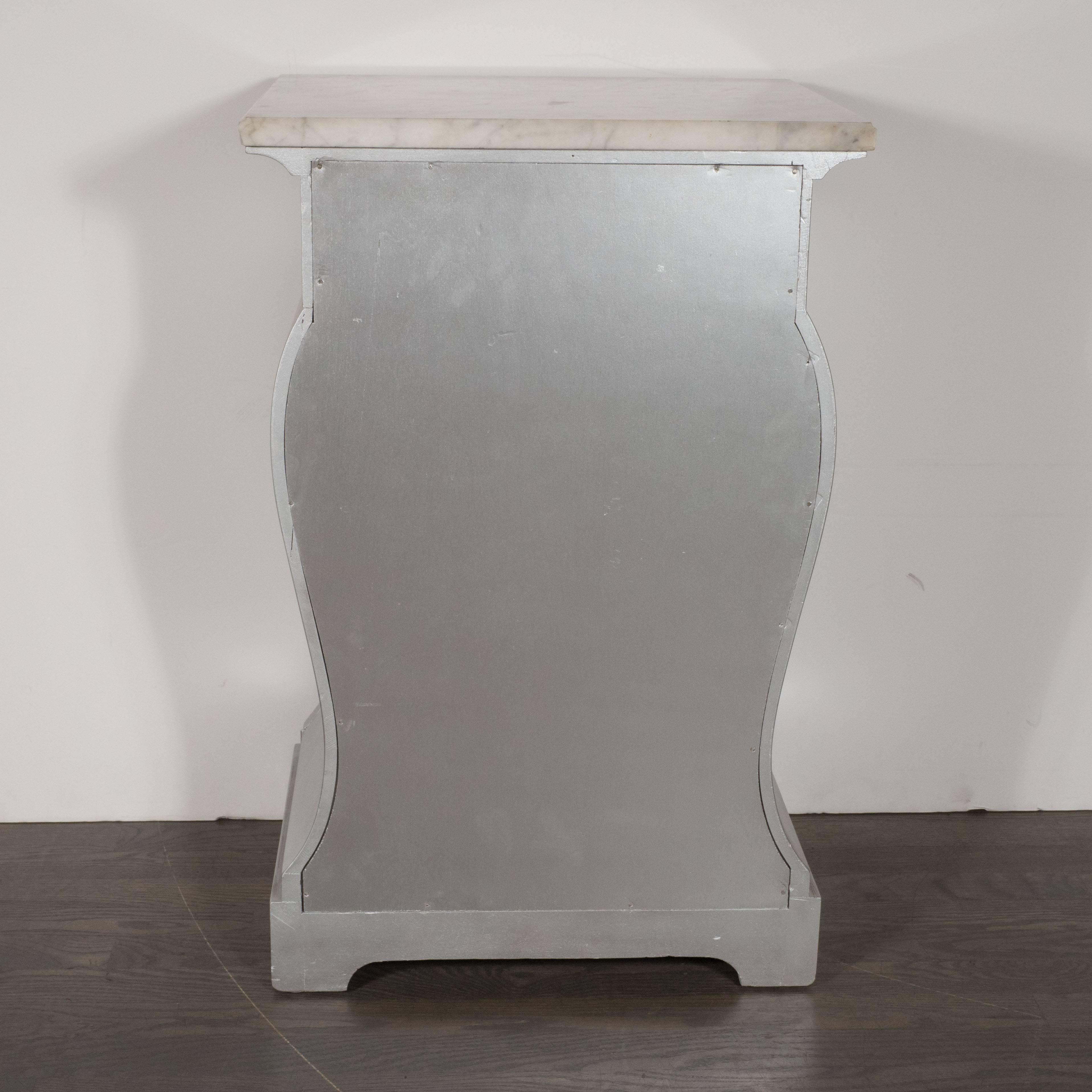 Pair of Deco End Tables in Silverleaf with Carrara Marble Tops by Grosfeld House In Excellent Condition In New York, NY