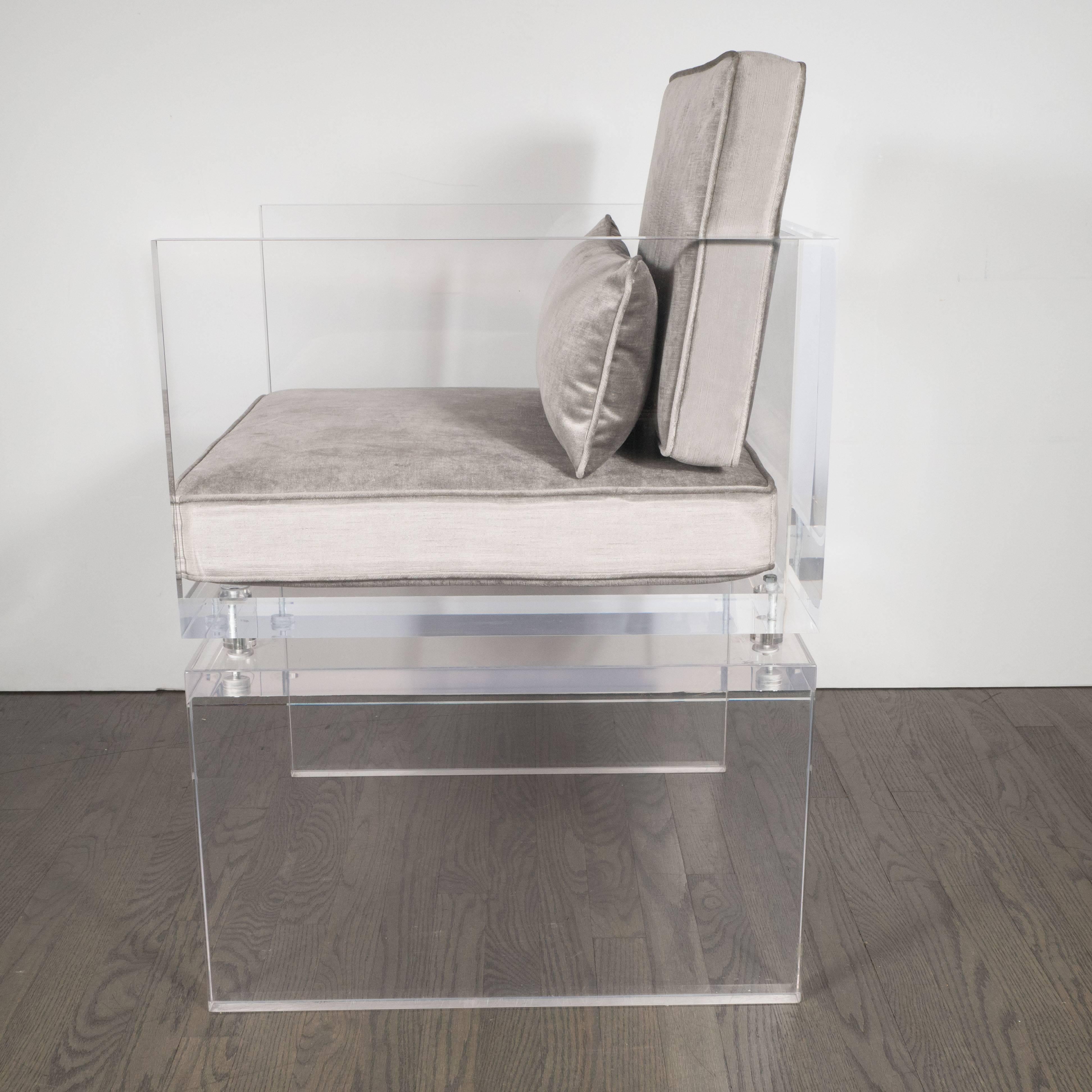 American Mid-Century Modern Thick Lucite Occasional Chair in Smoked Platinum Velvet