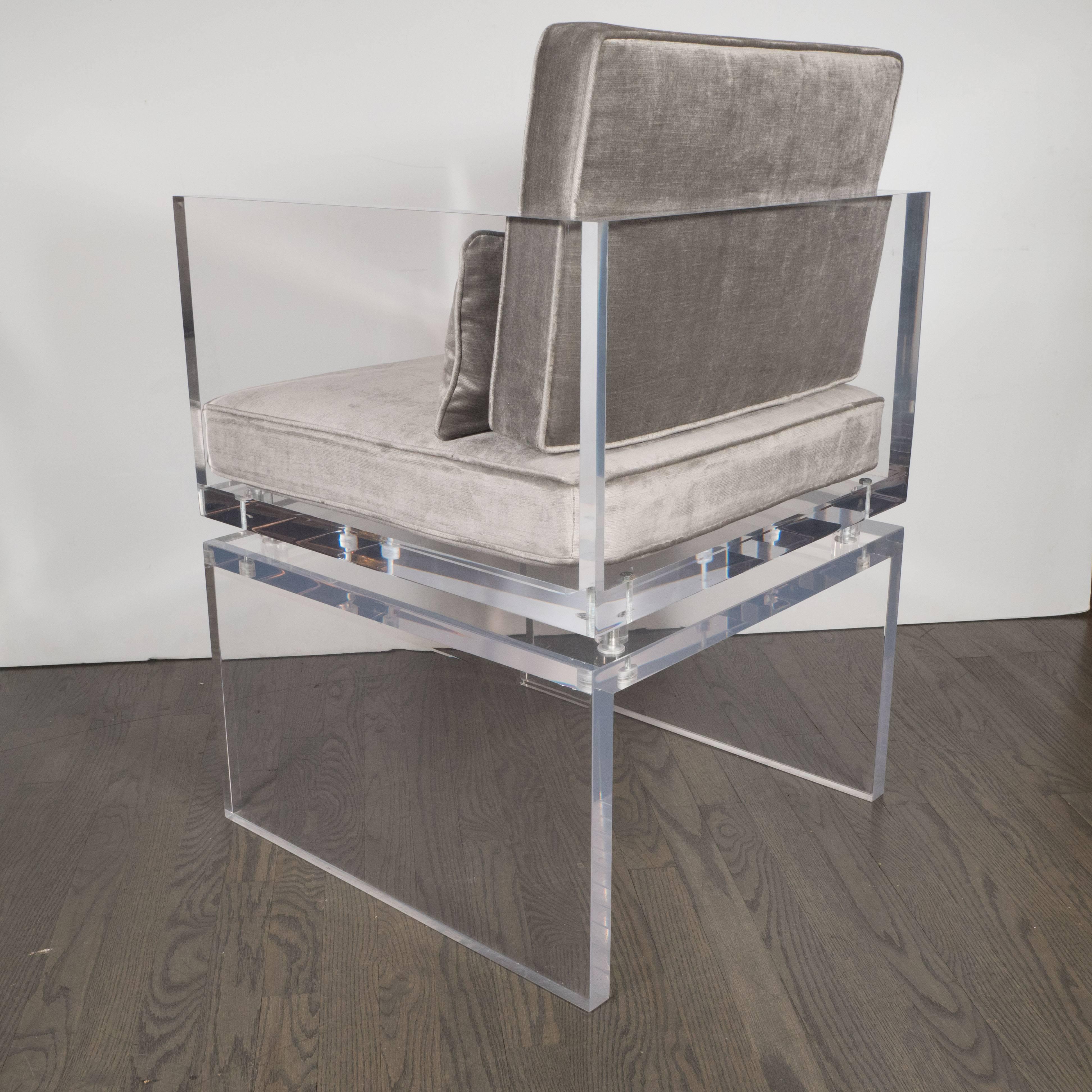 Mid-Century Modern Thick Lucite Occasional Chair in Smoked Platinum Velvet In Excellent Condition In New York, NY