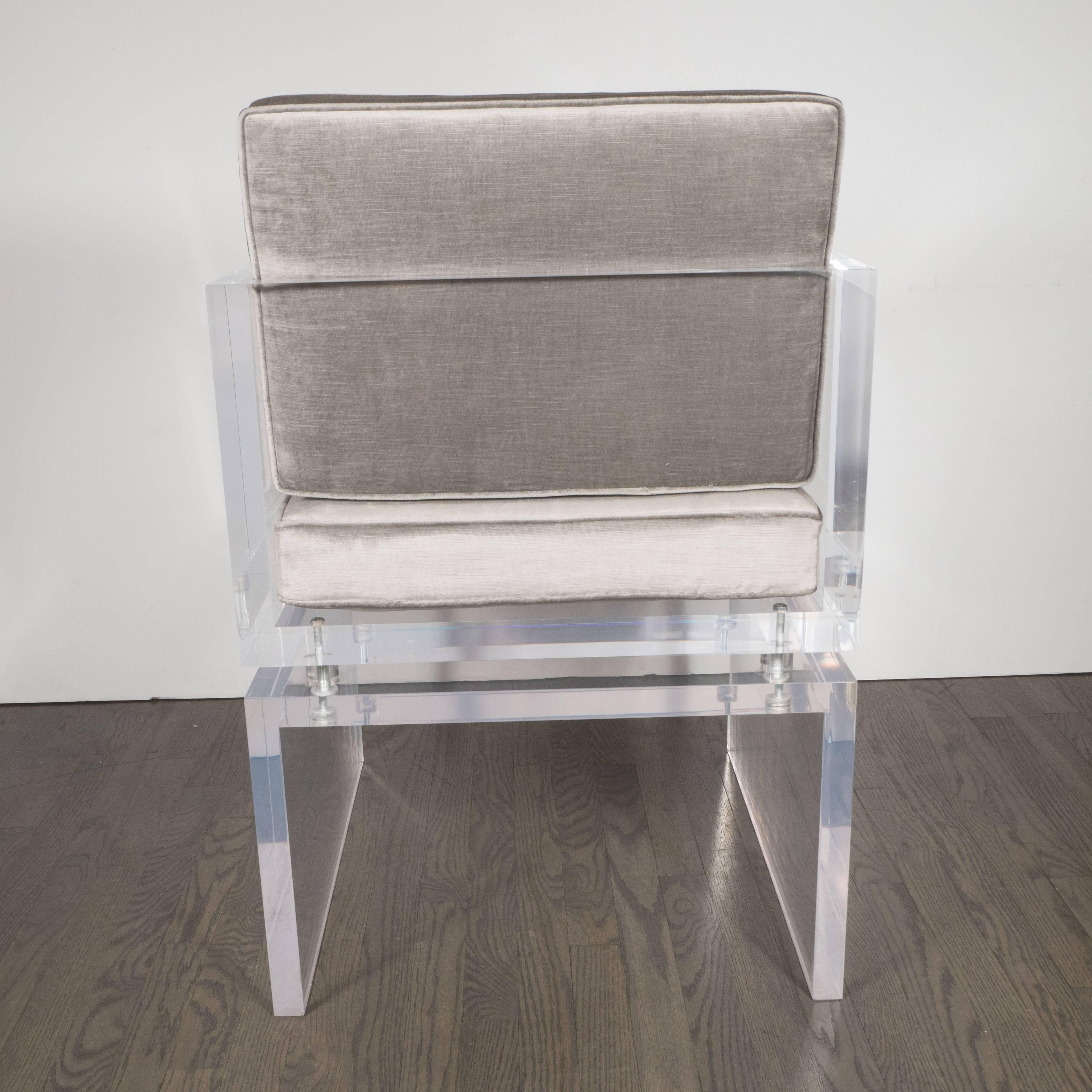 Late 20th Century Mid-Century Modern Thick Lucite Occasional Chair in Smoked Platinum Velvet