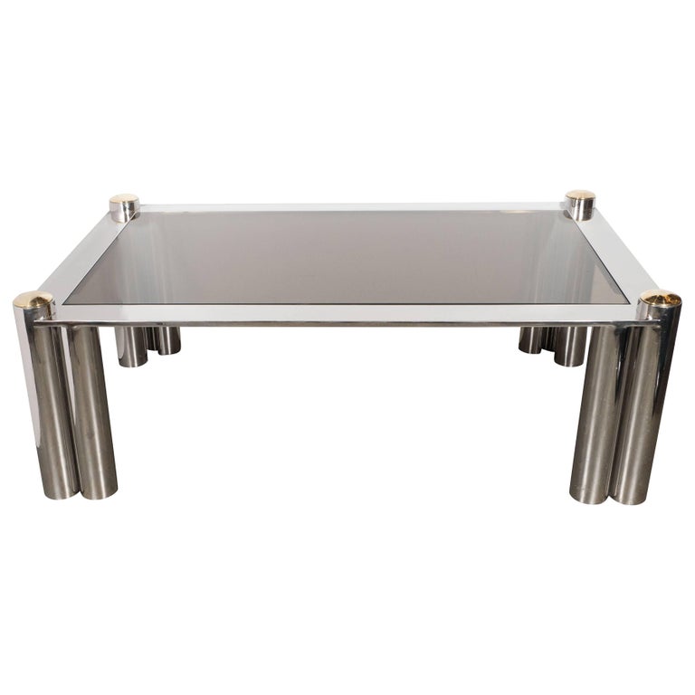 MidCentury Modern Cocktail Table in Chrome and Brass with Smoked Glass
