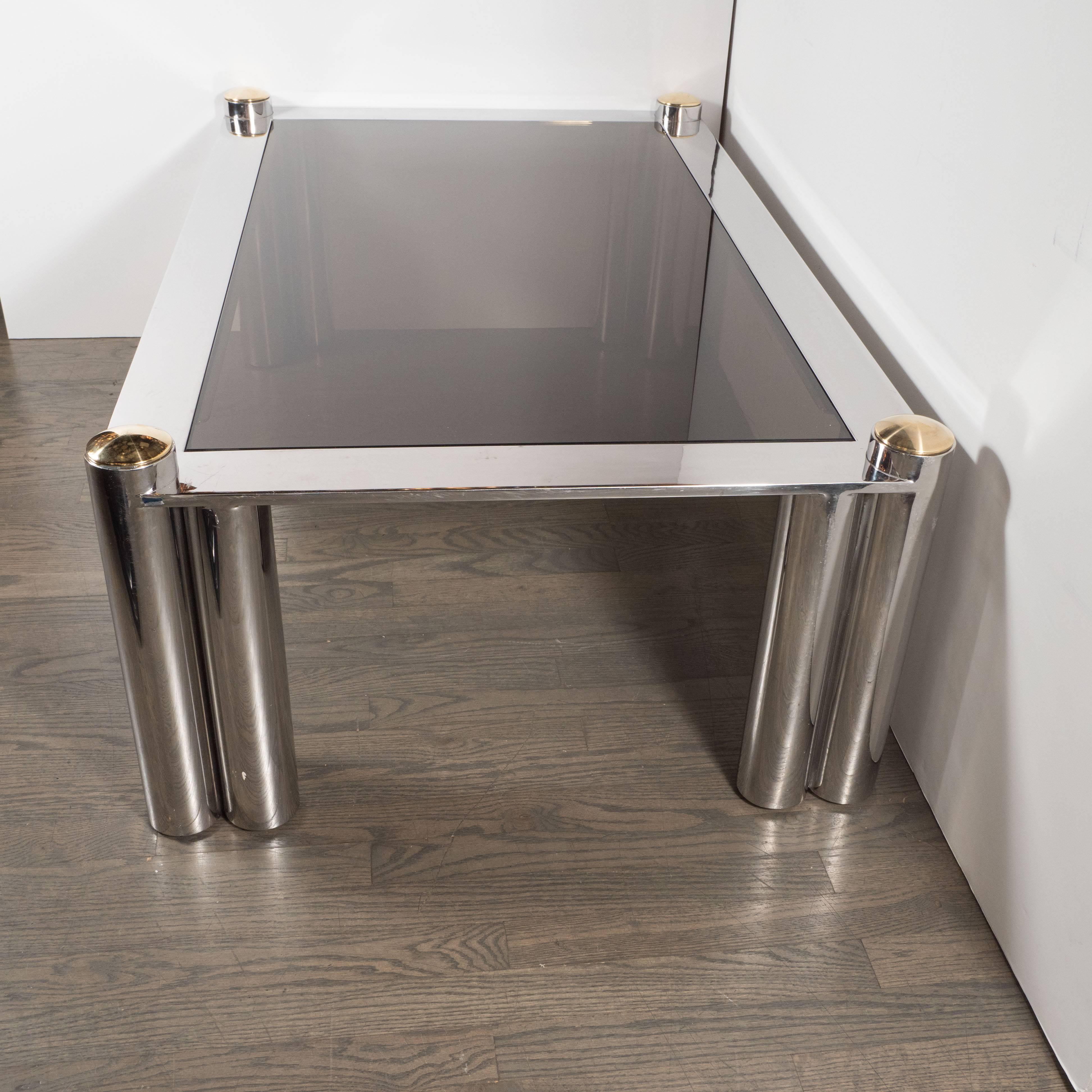 American Mid-Century Modern Cocktail Table in Chrome and Brass with Smoked Glass