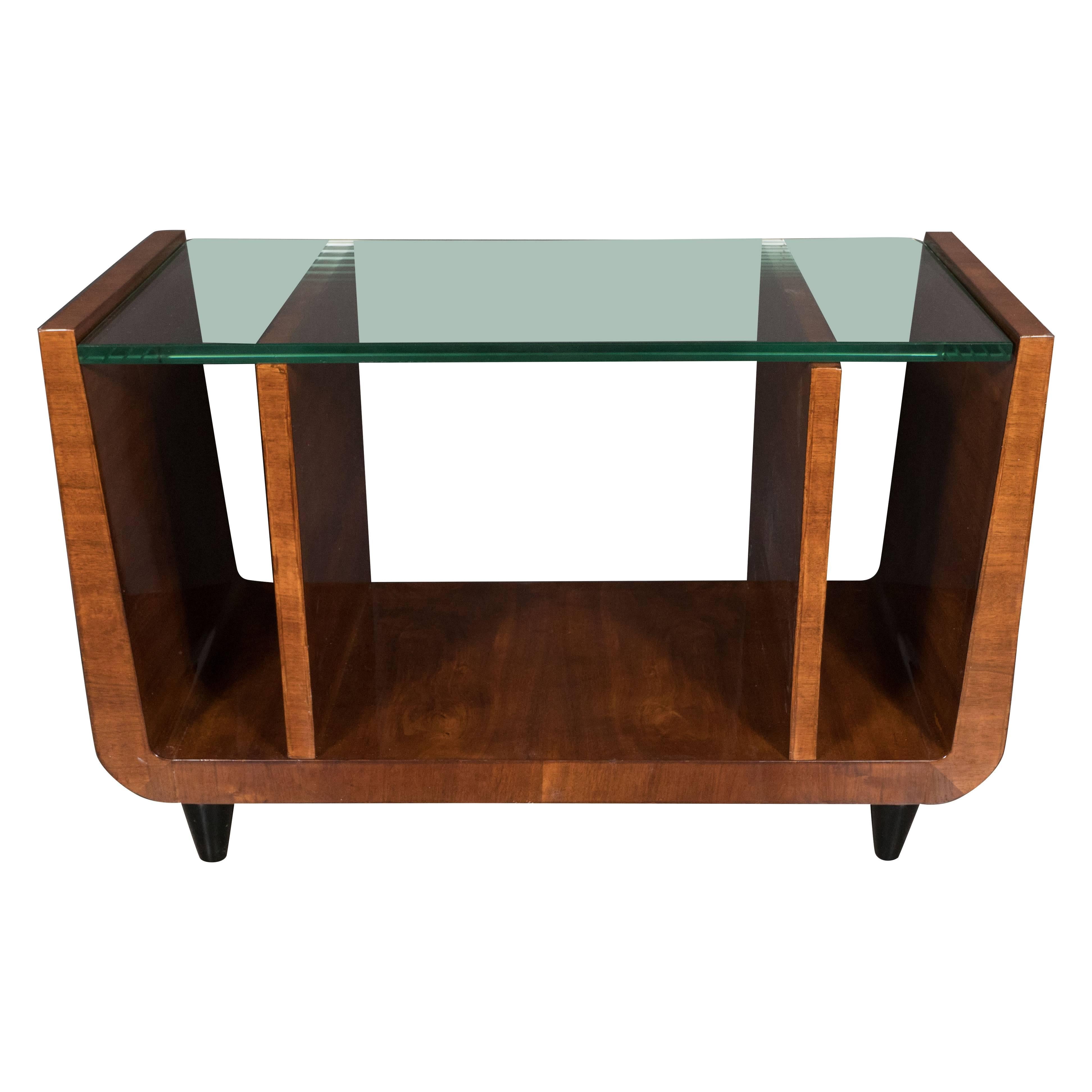 Art Deco Bookmatched Walnut and Black Lacquer Cocktail Table/Magazine Stand