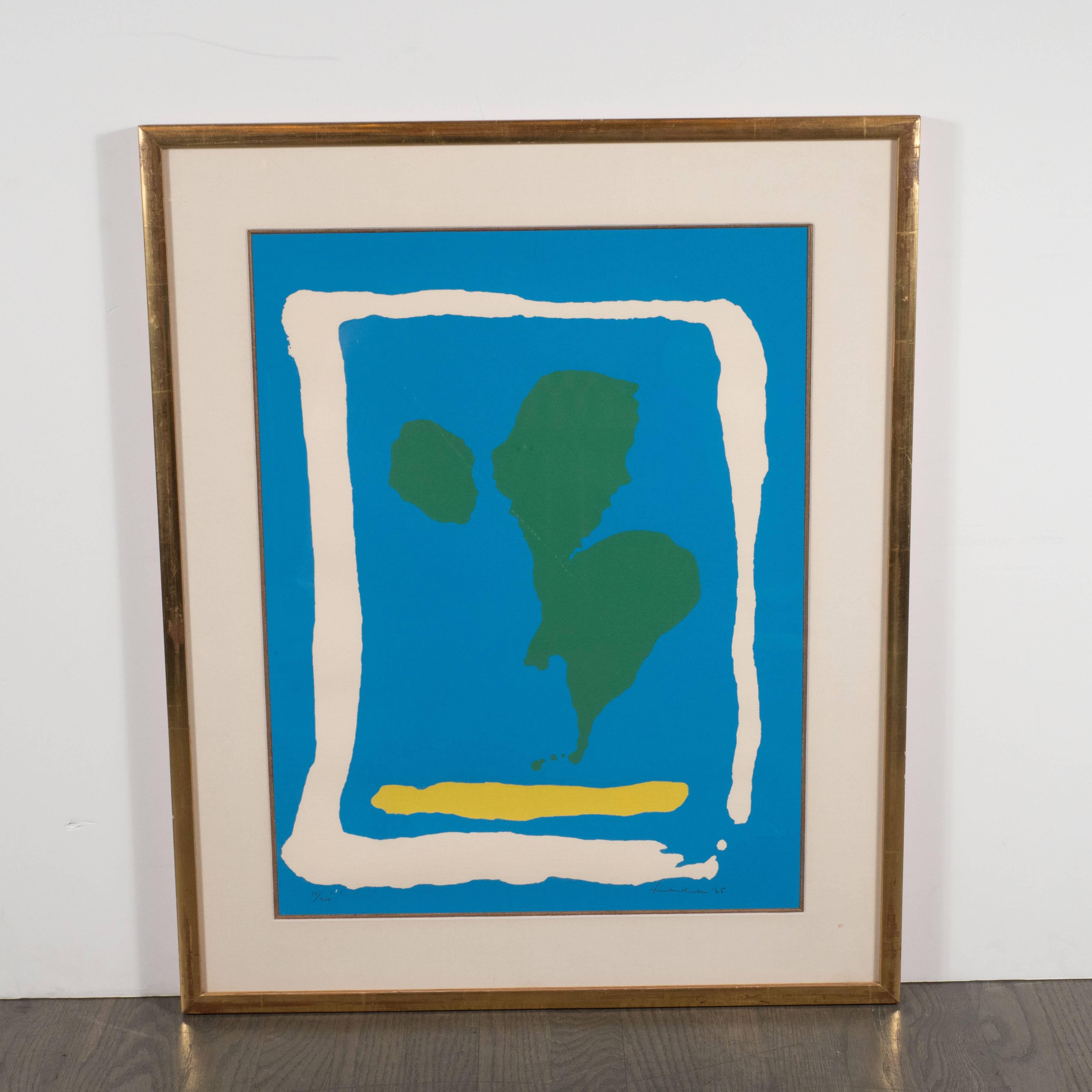 This compelling screenprint in colors was realized by the acclaimed Abstract Expressionist artist, Helen Frankenthaler- one of the canonized Masters of Modern Art, circa 1965. This piece offers the well balanced composition and exuberant palate that