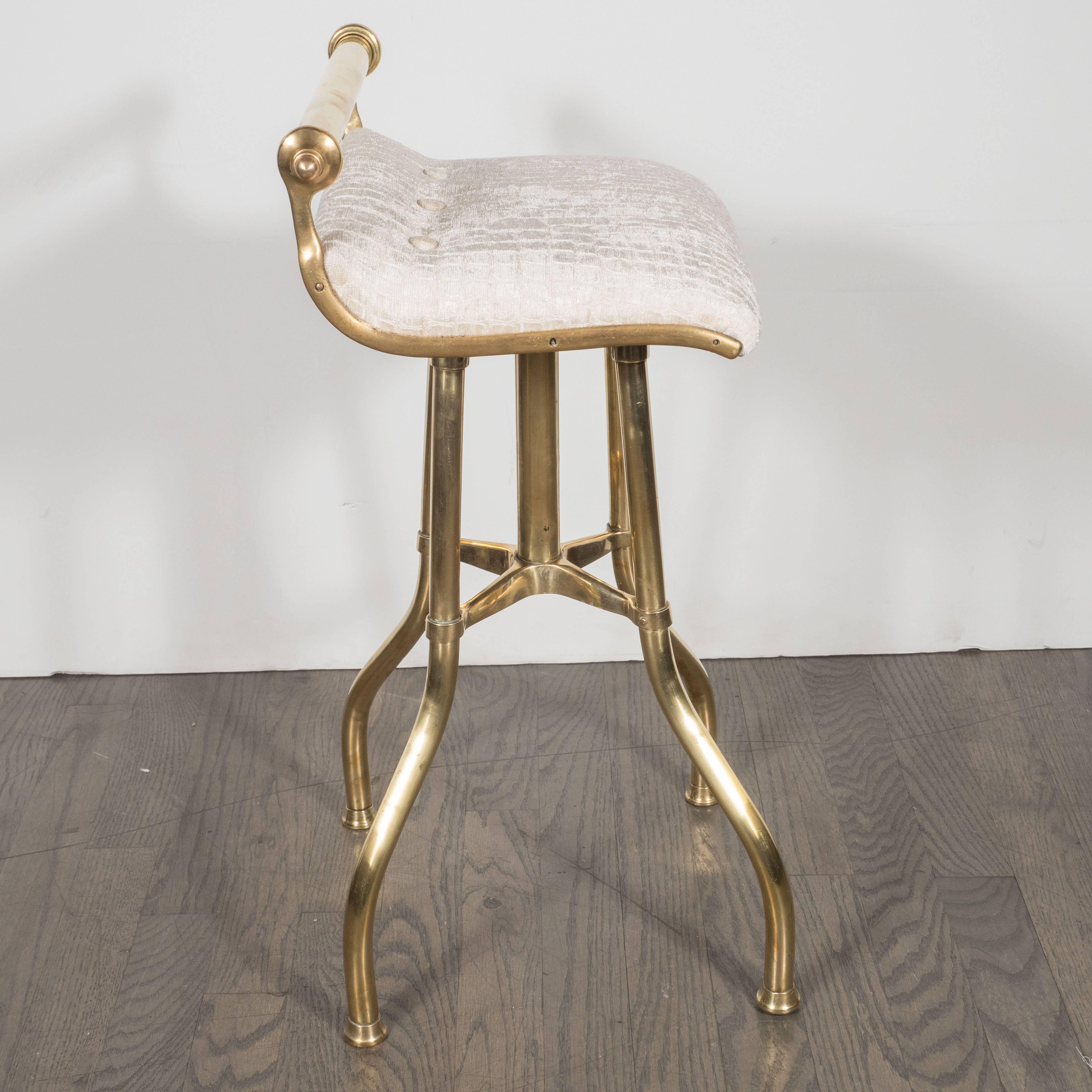 American Mid-Century Modern Brass and Oyster Gaufrage Crocodile Velvet Vanity Stool