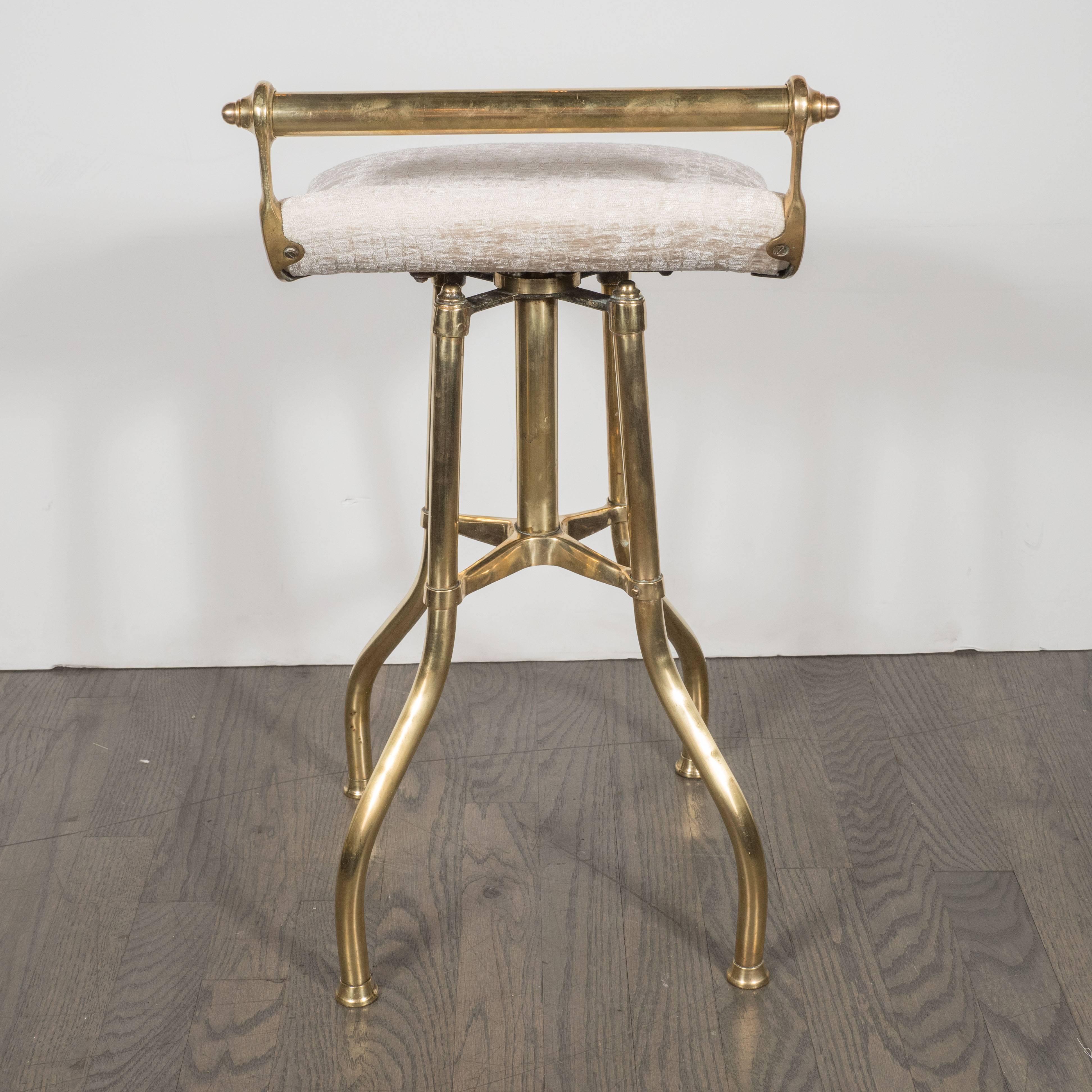 Mid-Century Modern Brass and Oyster Gaufrage Crocodile Velvet Vanity Stool In Excellent Condition In New York, NY