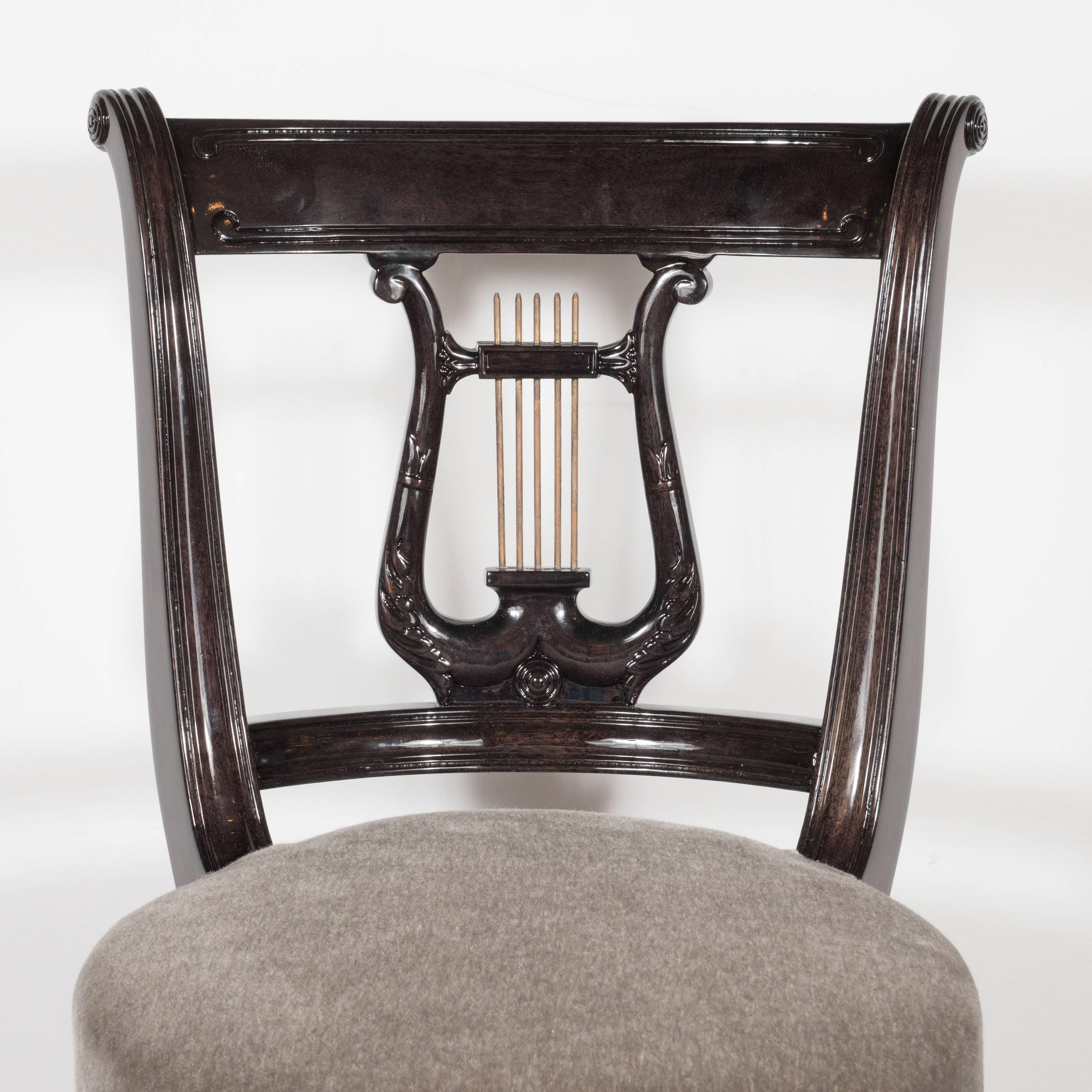 1940s Ebonized Walnut Swiveling Stool or Vanity Chair with Lyre Detail In Excellent Condition In New York, NY