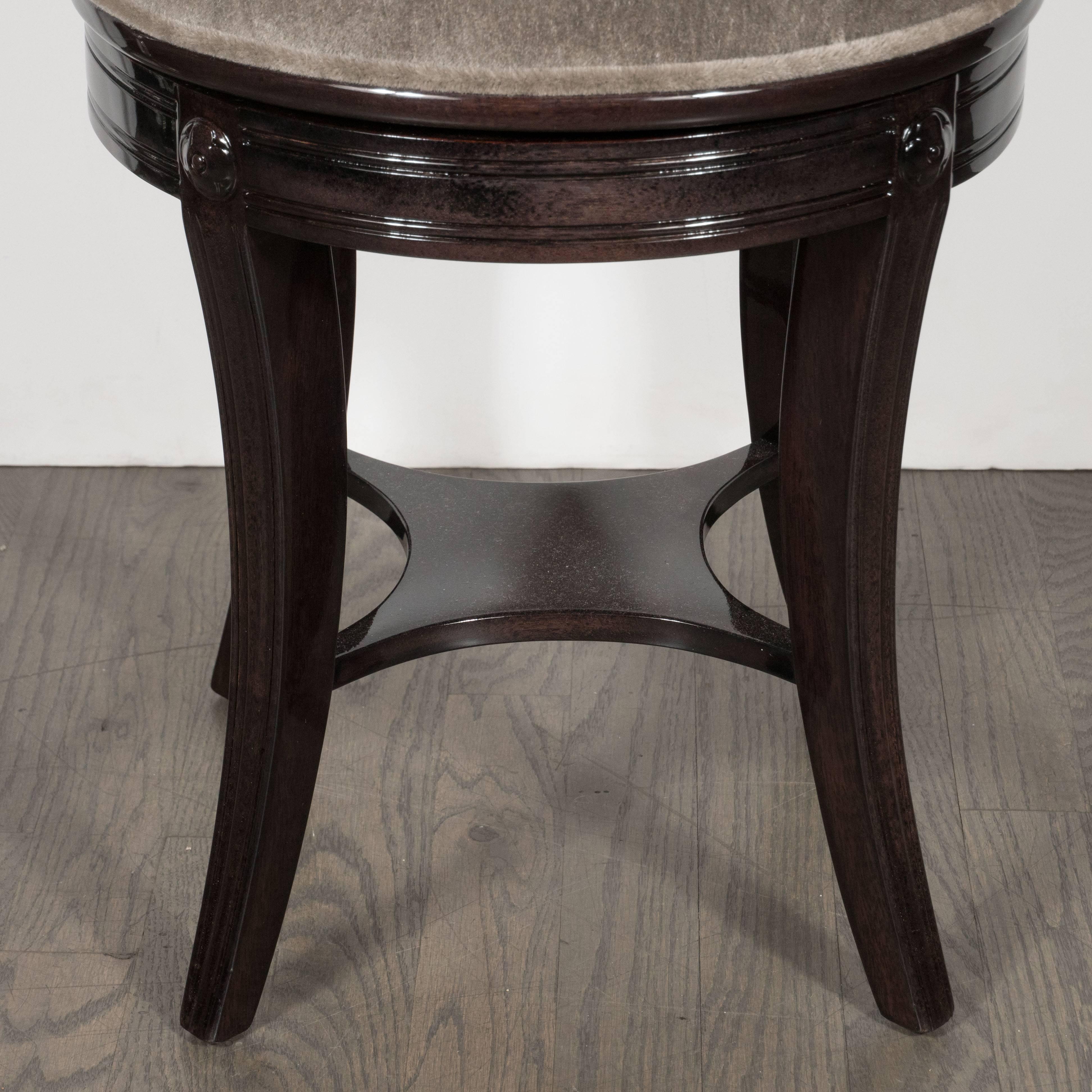 Mid-20th Century 1940s Ebonized Walnut Swiveling Stool or Vanity Chair with Lyre Detail