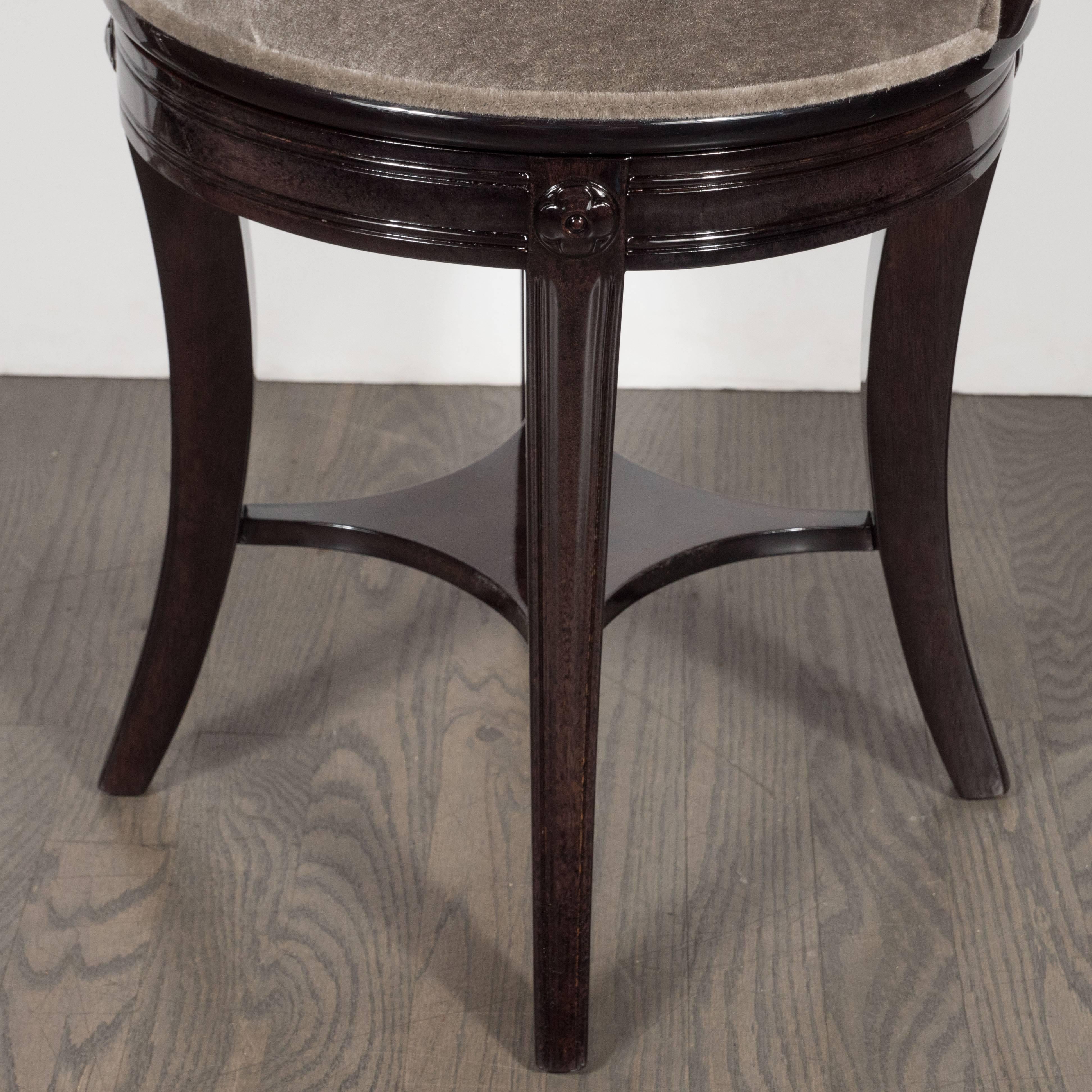 Mohair 1940s Ebonized Walnut Swiveling Stool or Vanity Chair with Lyre Detail