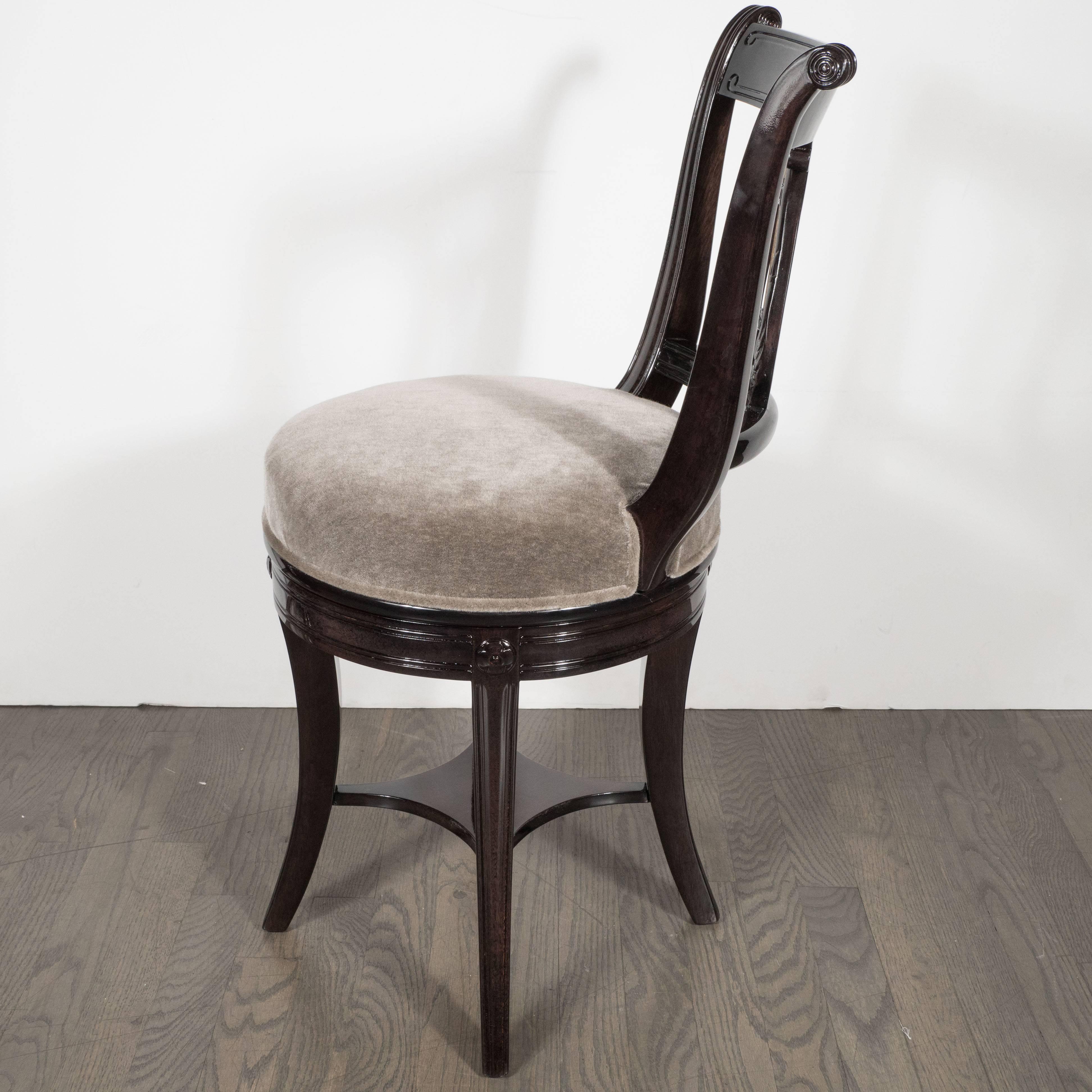 Neoclassical Revival 1940s Ebonized Walnut Swiveling Stool or Vanity Chair with Lyre Detail