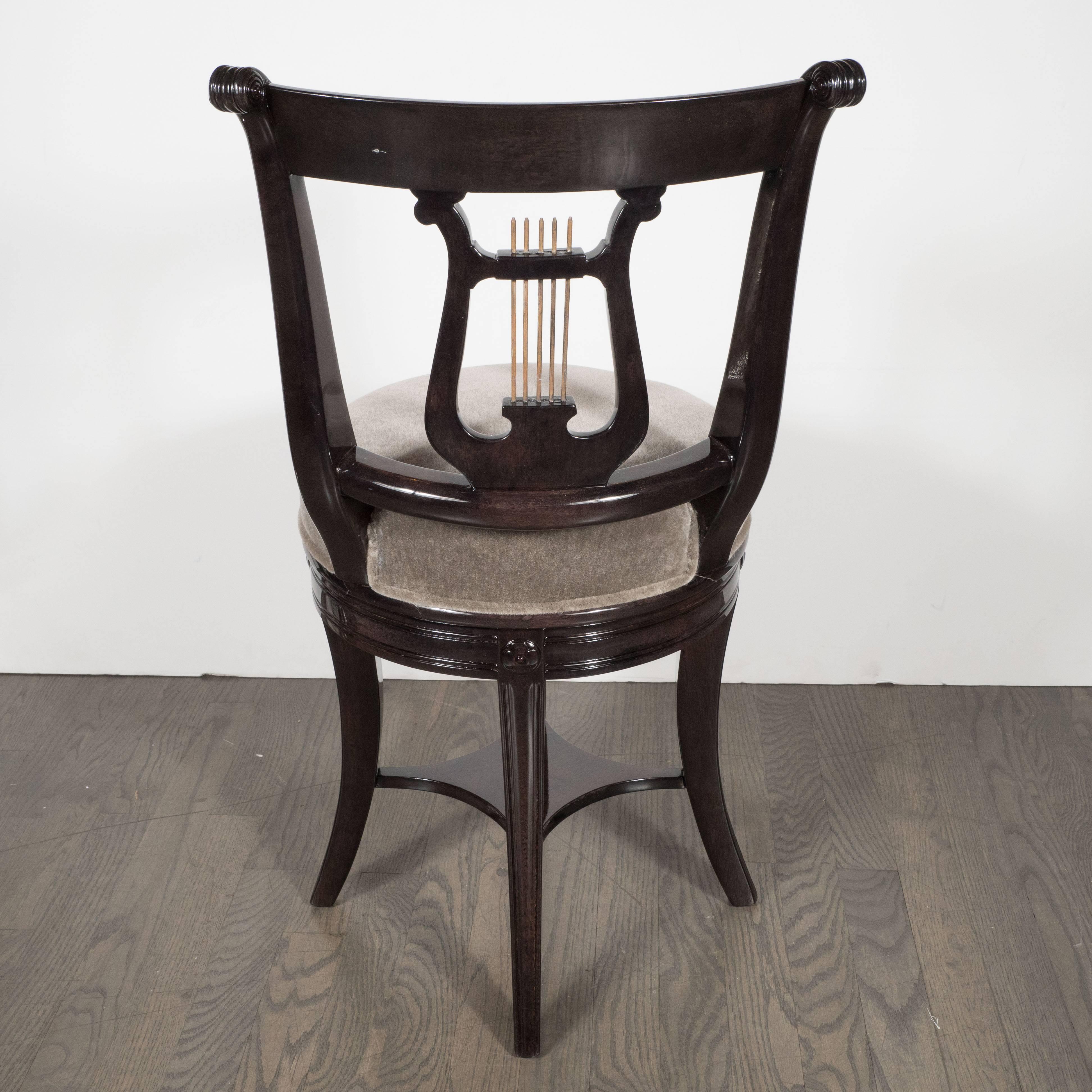 American 1940s Ebonized Walnut Swiveling Stool or Vanity Chair with Lyre Detail