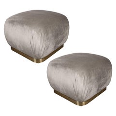 Mid-Century Modern Brass & Platinum Velvet Soufflé Poufs, Style of Karl Springer