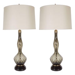 Pair of Mid-Century Table Lamps in Smoked Murano Glass with Brass Fittings