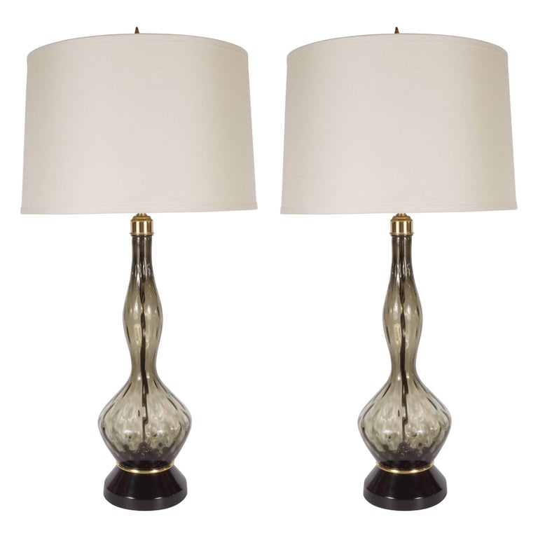 Pair Of Mid Century Table Lamps In Smoked Murano Glass With Brass Fittings At 1stdibs