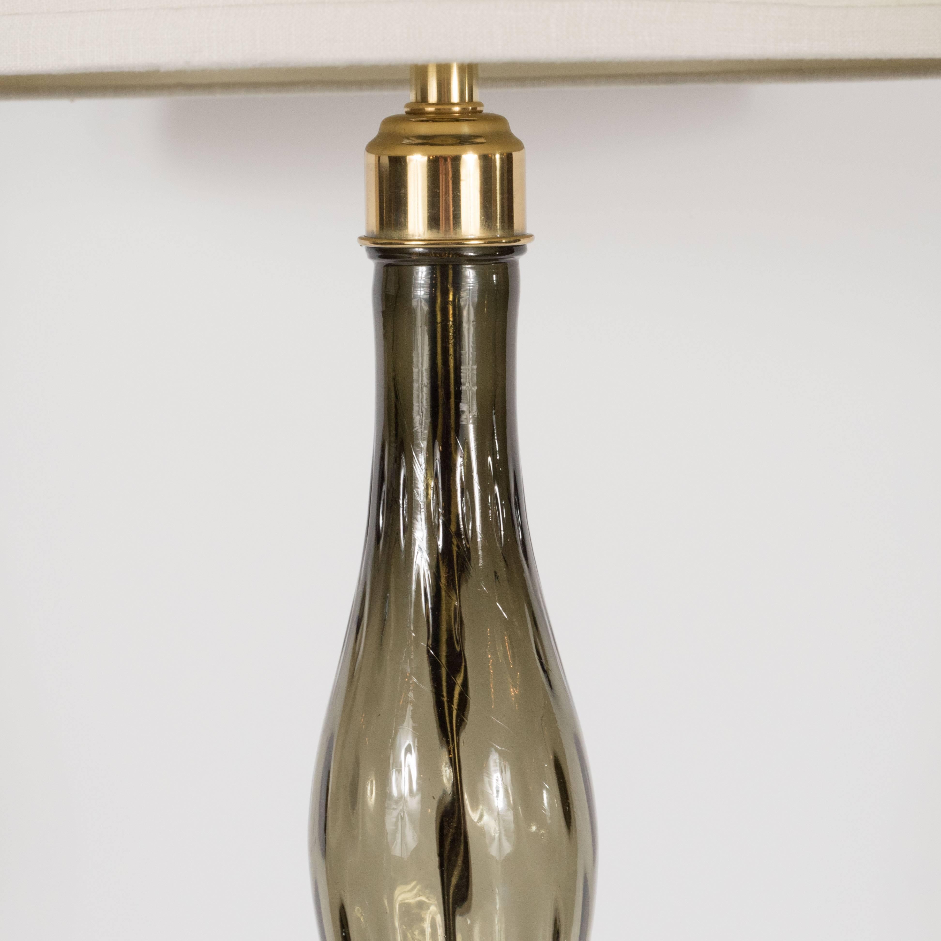 European Pair of Mid-Century Table Lamps in Smoked Murano Glass with Brass Fittings