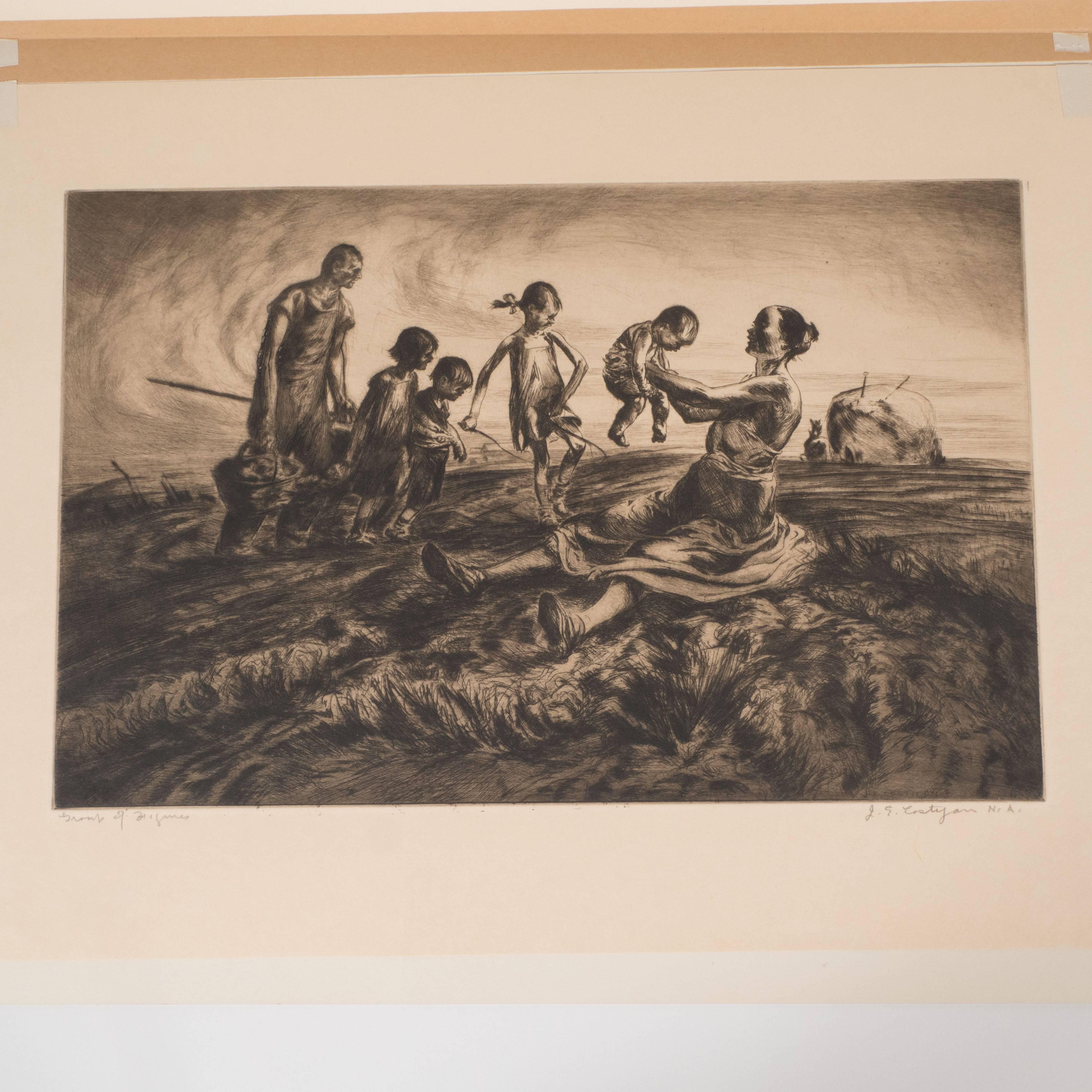 This original, limited edition etching, was realized by the esteemed American artist John E. Costigan, circa 1930. He is represented in the collections of the Metropolitan Museum, the Philips Memorial Gallery in Washington and the Brooklyn Museum,