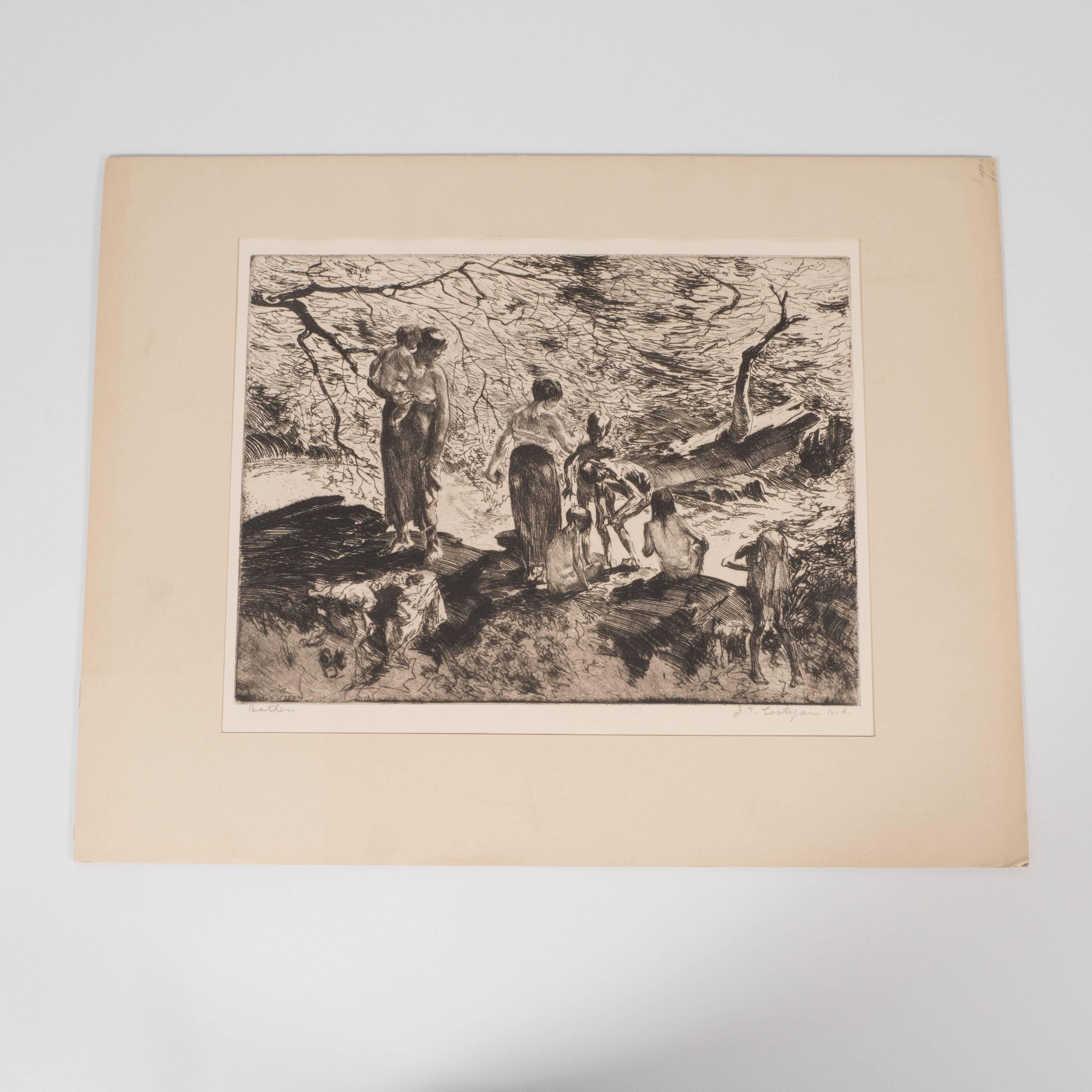 This original, limited edition etching, was realized by the esteemed American artist John E. Costigan, circa 1930. He is represented in the collections of the Metropolitan Museum, the Philips Memorial Gallery in Washington and the Brooklyn Museum,