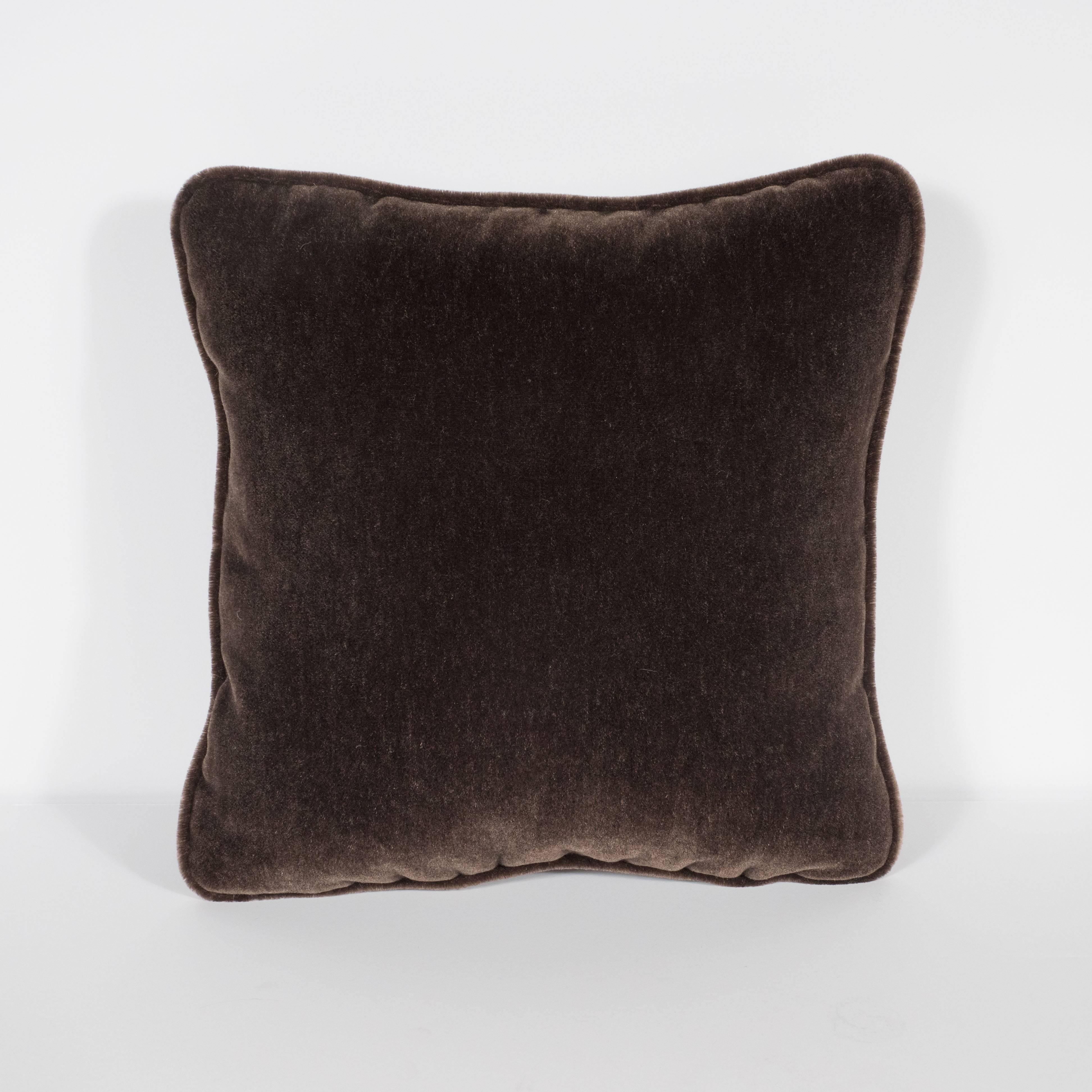 American Gorgeous Pair of Square Custom Handmade Pillows in Chestnut Mohair with Piping
