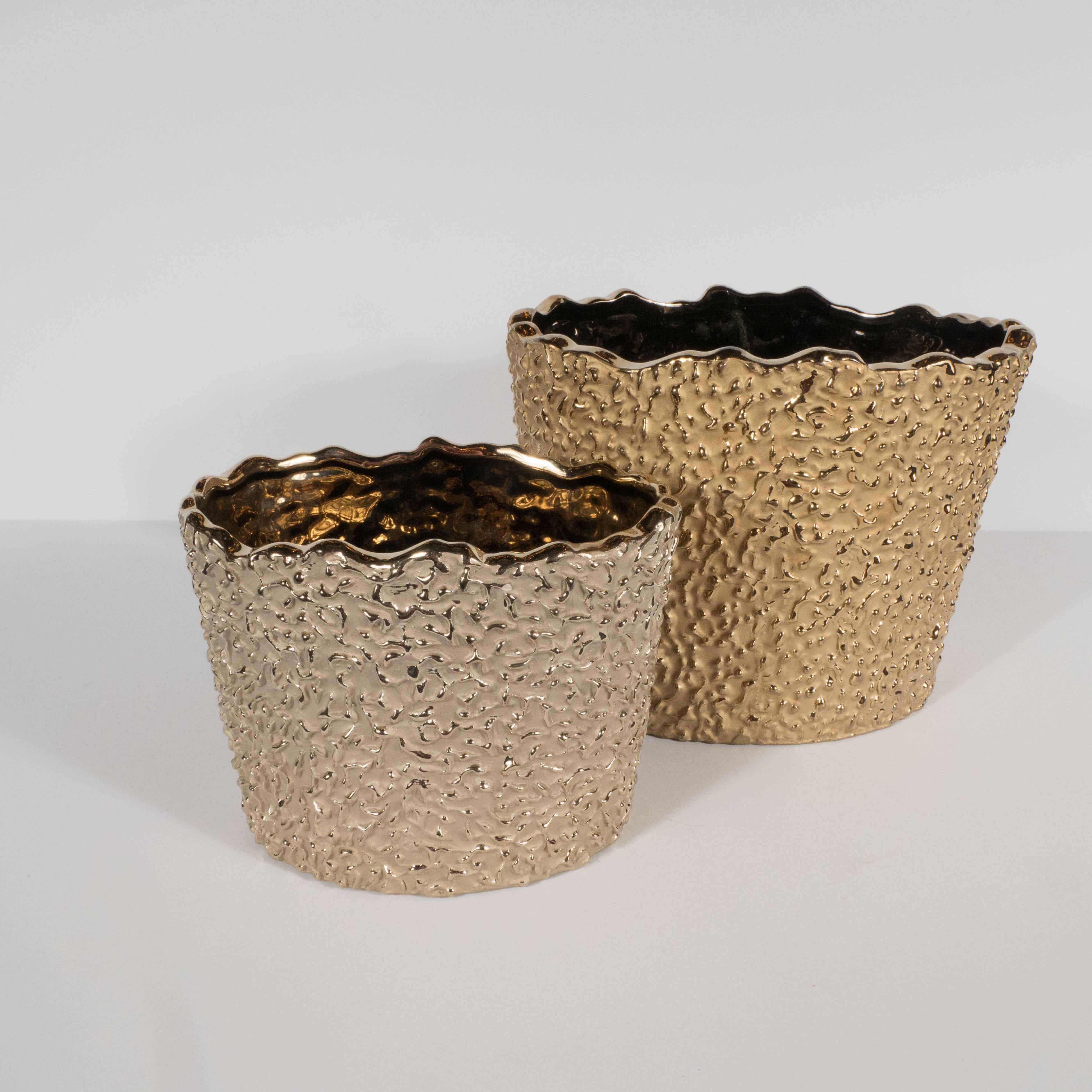 North American Pair of Organic Modern Handcrafted Ceramic Orchid Pots in Shades of Yellow Gold