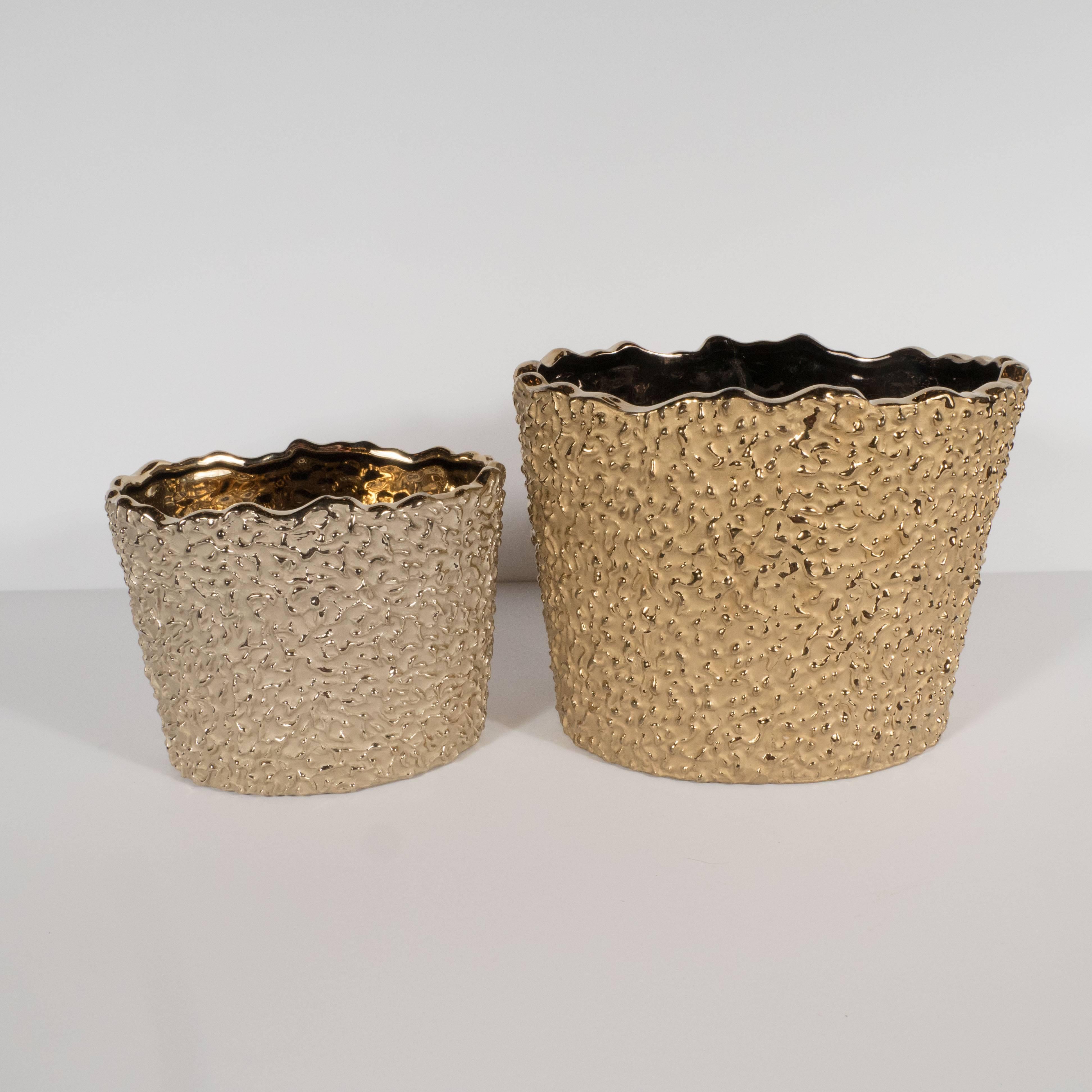Pair of Organic Modern Handcrafted Ceramic Orchid Pots in Shades of Yellow Gold In Excellent Condition In New York, NY