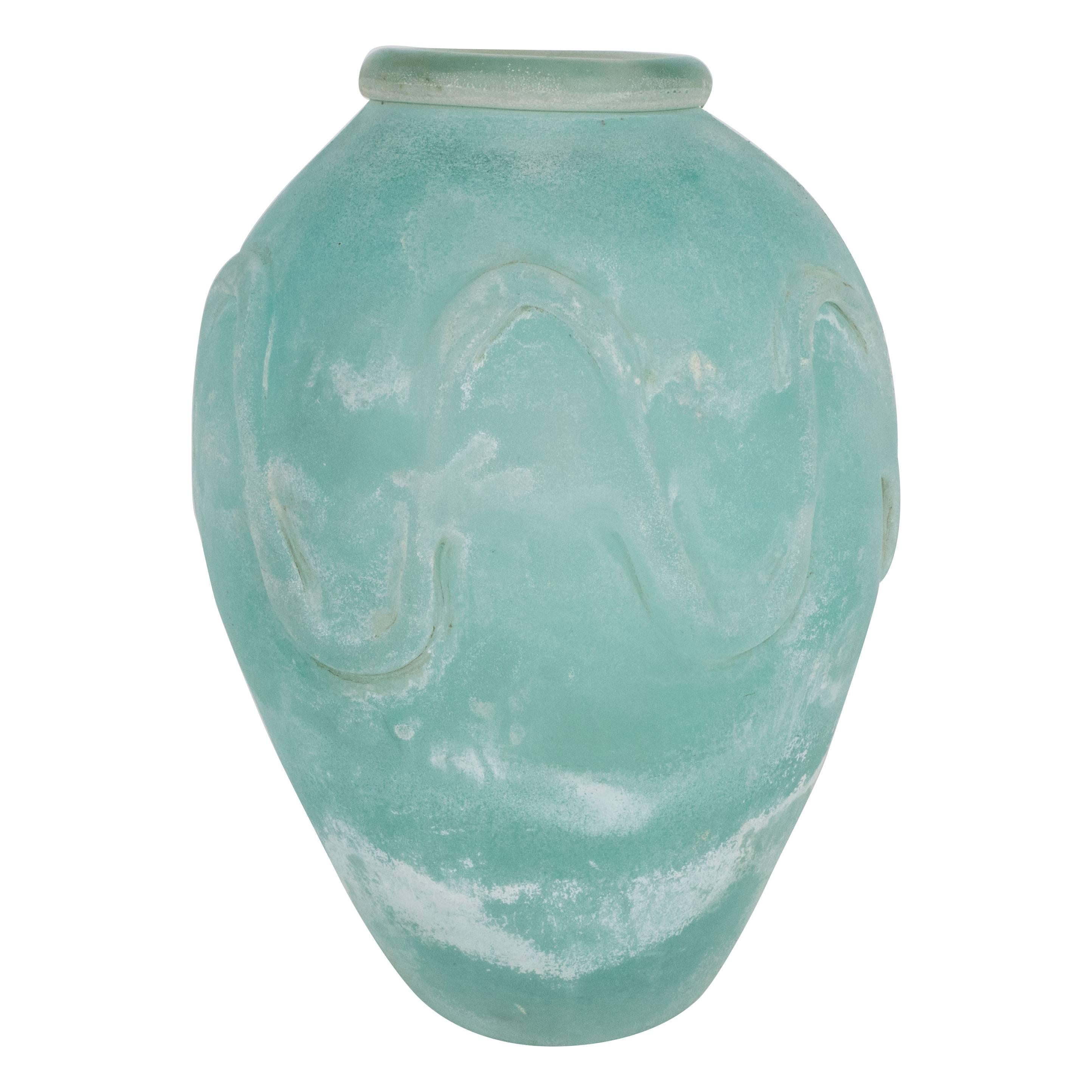 Mid-Century Modern Scavo Finish Murano Glass Aquamarine Vase by Seguso of Italy