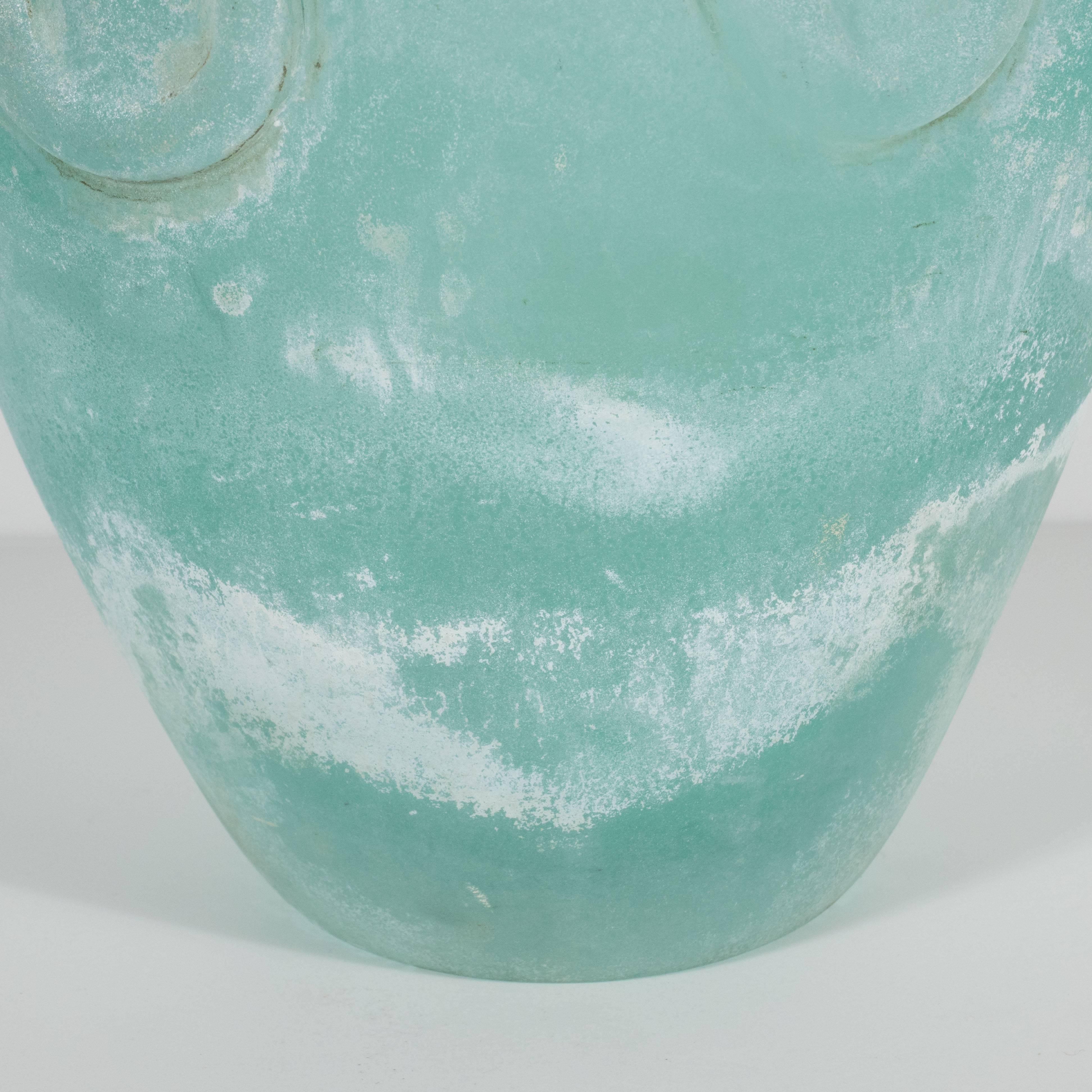 Mid-20th Century Mid-Century Modern Scavo Finish Murano Glass Aquamarine Vase by Seguso of Italy