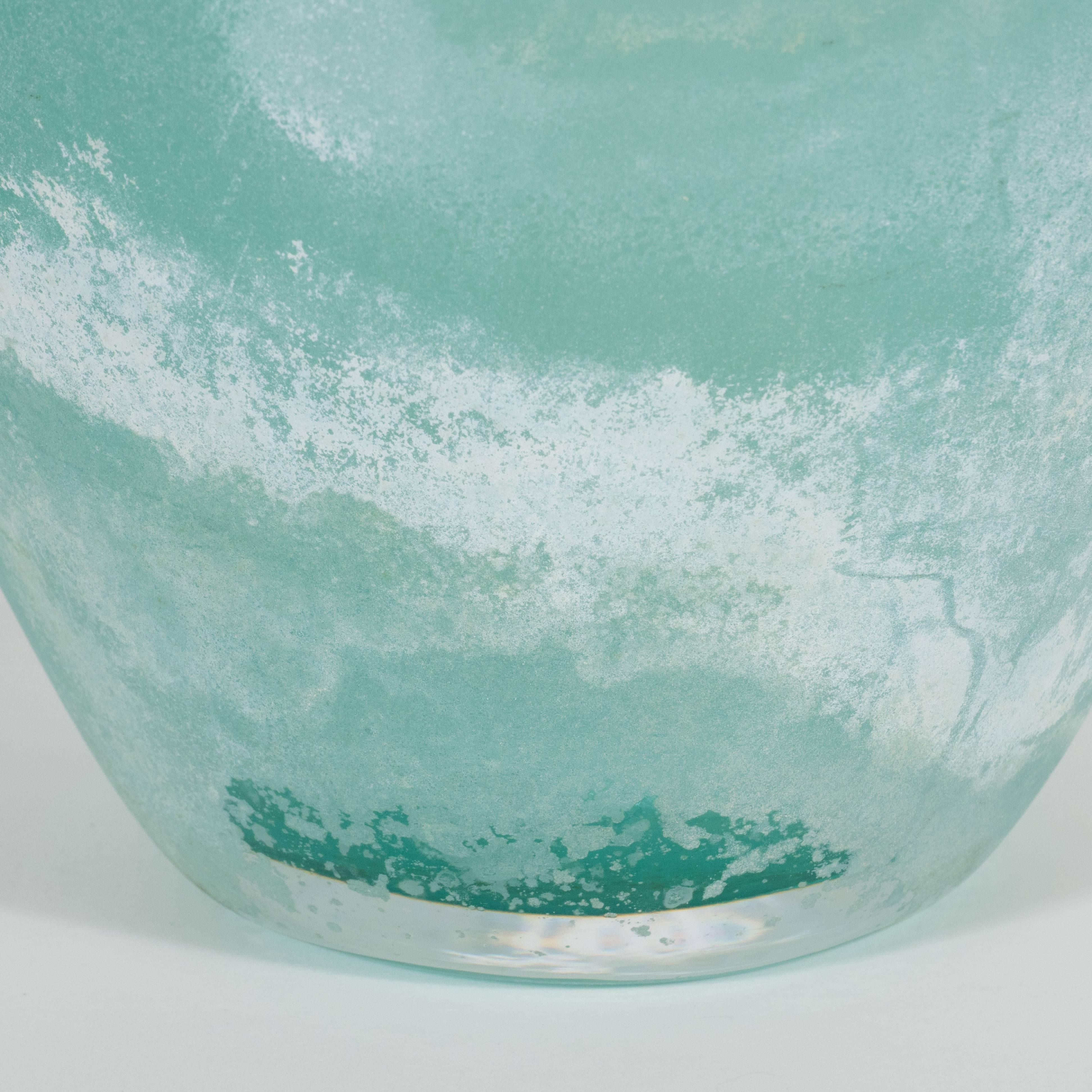 Mid-Century Modern Scavo Finish Murano Glass Aquamarine Vase by Seguso of Italy 1