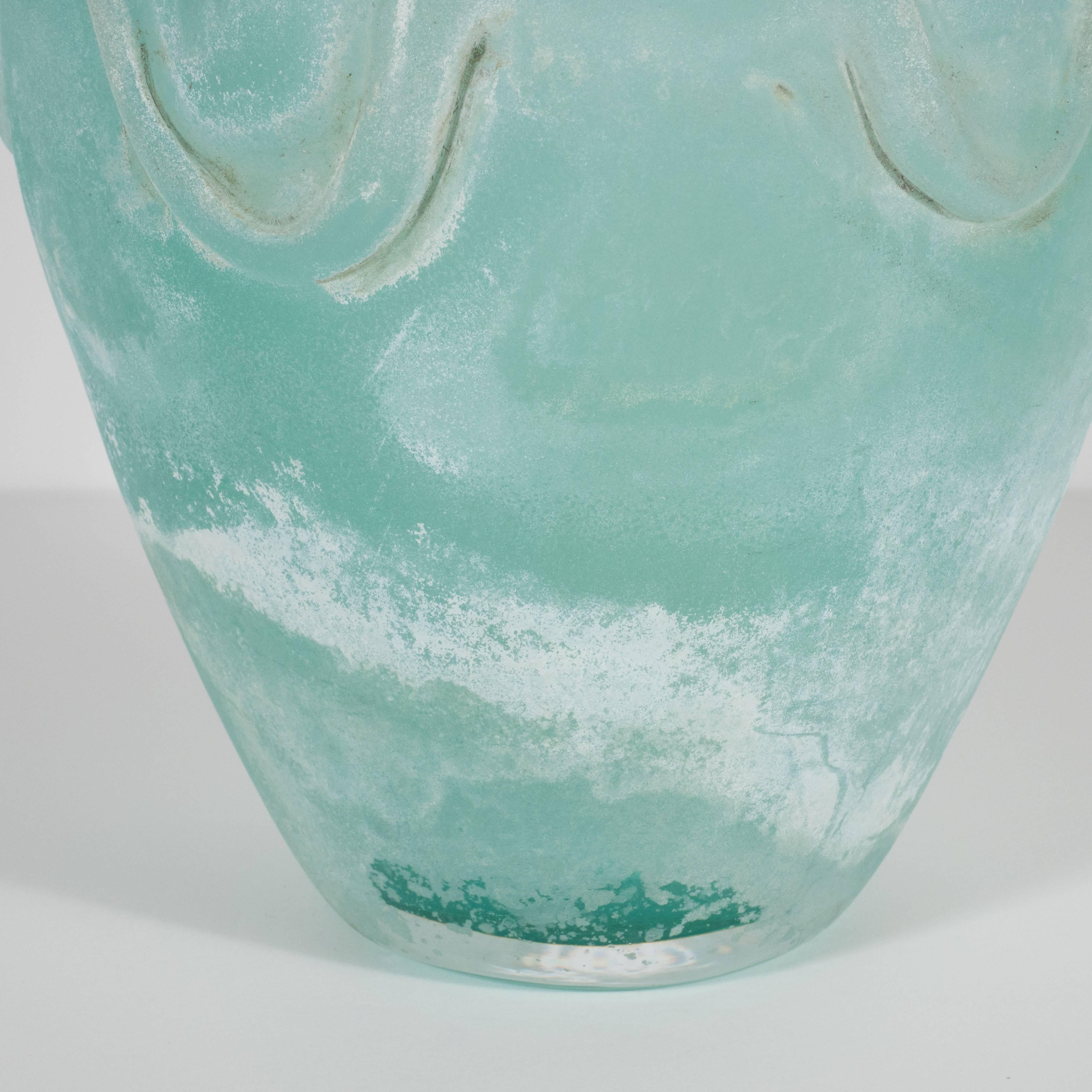 Mid-Century Modern Scavo Finish Murano Glass Aquamarine Vase by Seguso of Italy 2