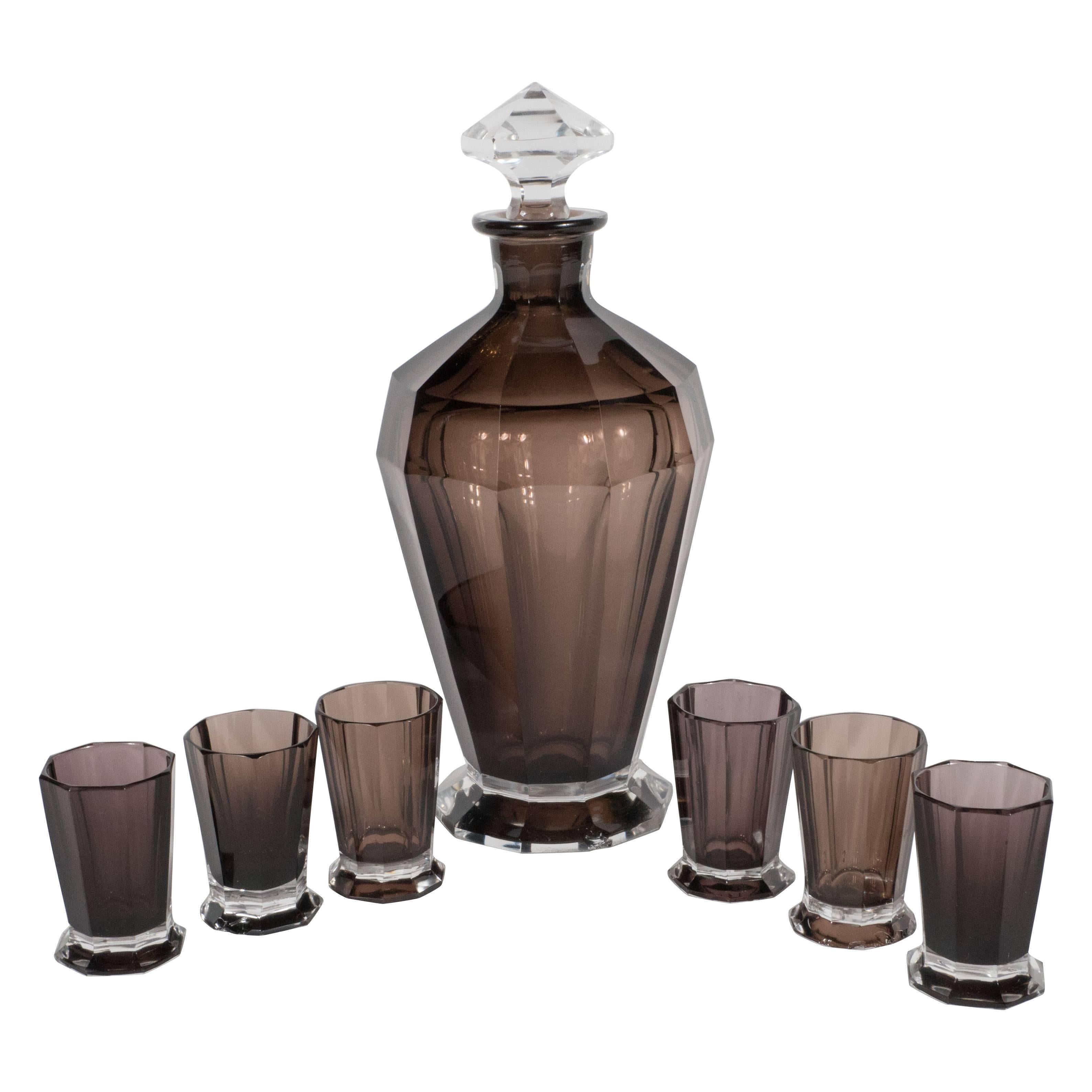 French Art Deco Seven Piece Smoked Glass Bar Set with Decanter and Shot Glasses