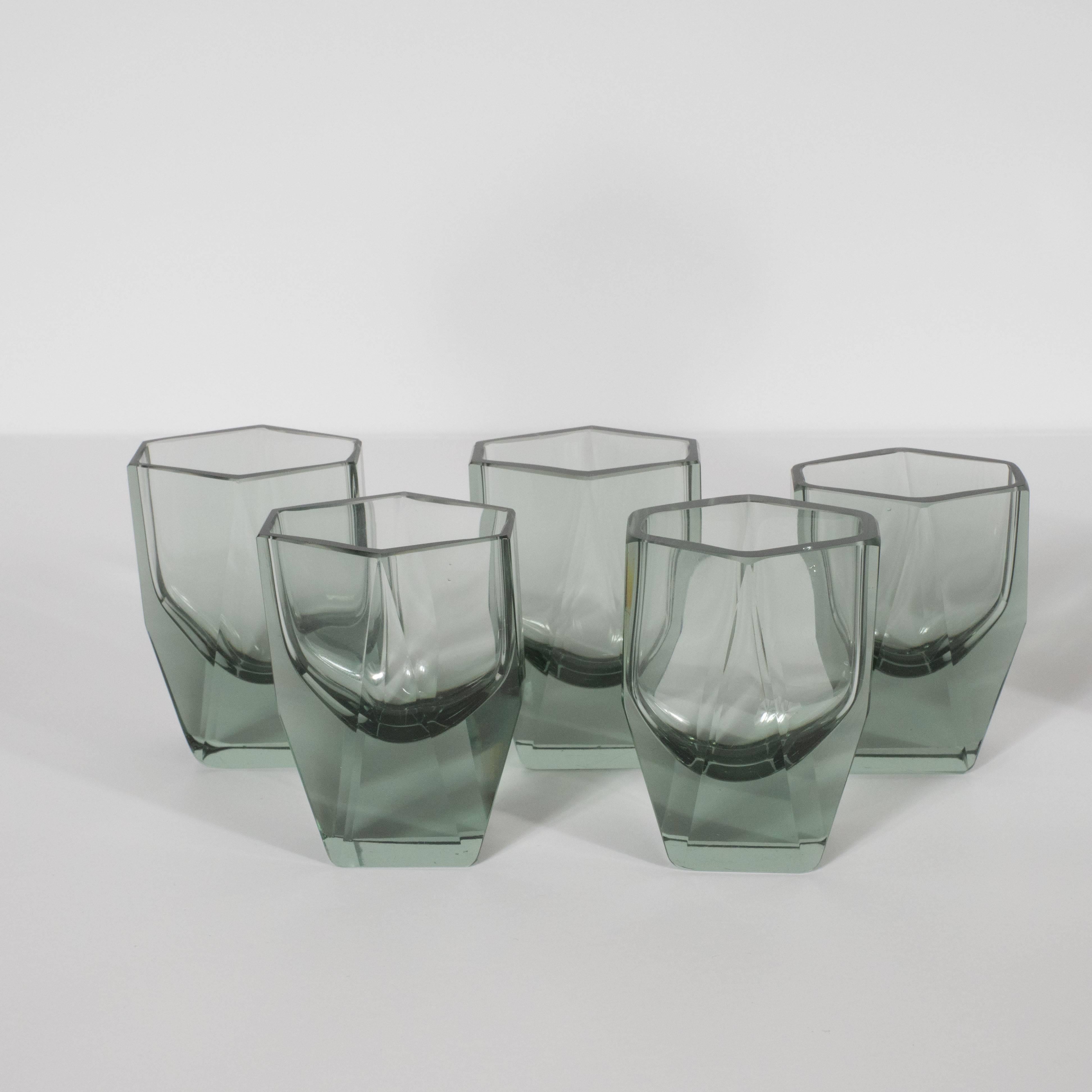 Cubist Art Deco Glass Bar Set with Decanter & Shot Glasses in Smoked Alexandrite In Excellent Condition In New York, NY