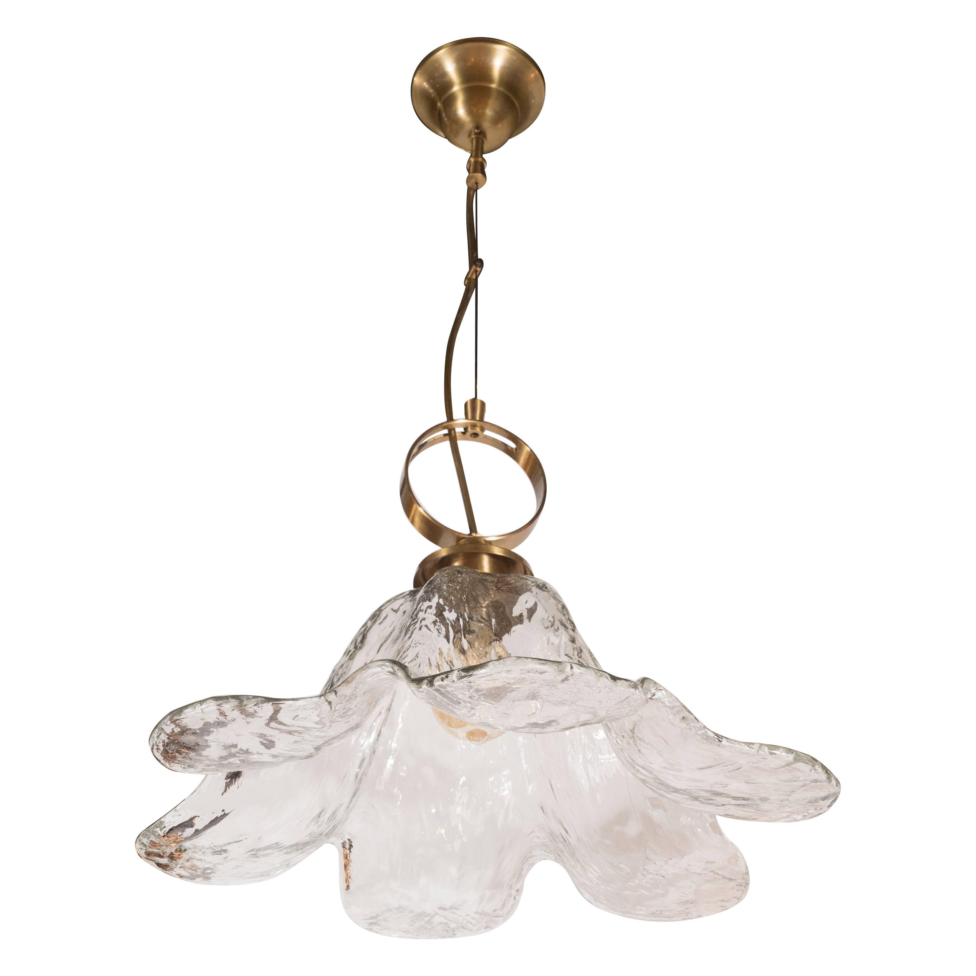 Mid-Century Modern Handblown Murano Glass and Brass "Flower" Pendant by Mazzega