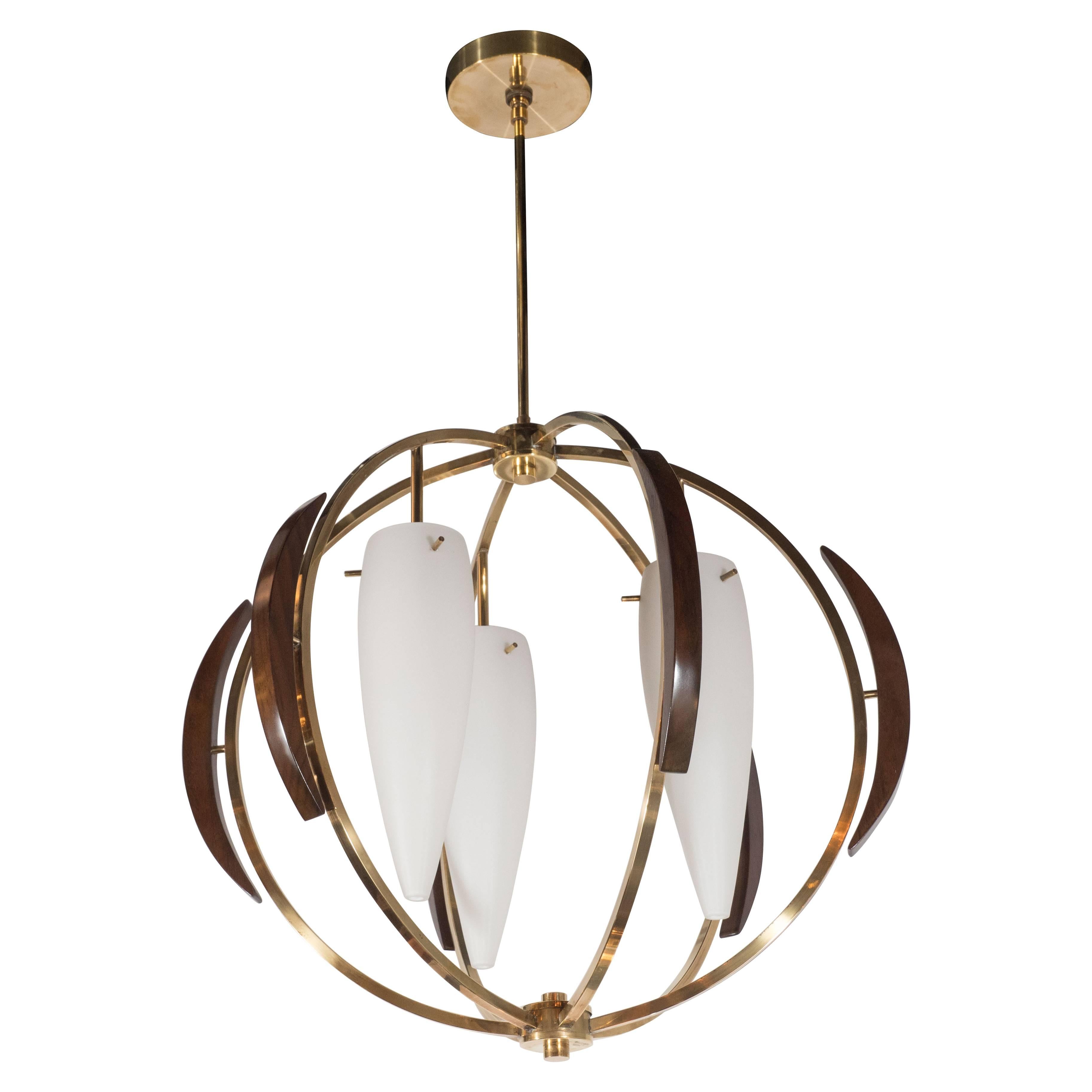 French Mid-Century Modern Hand Rubbed Walnut & Frosted Glass Chandelier