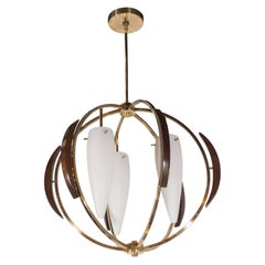 French Mid-Century Modern Hand Rubbed Walnut 
Frosted Glass Chandelier