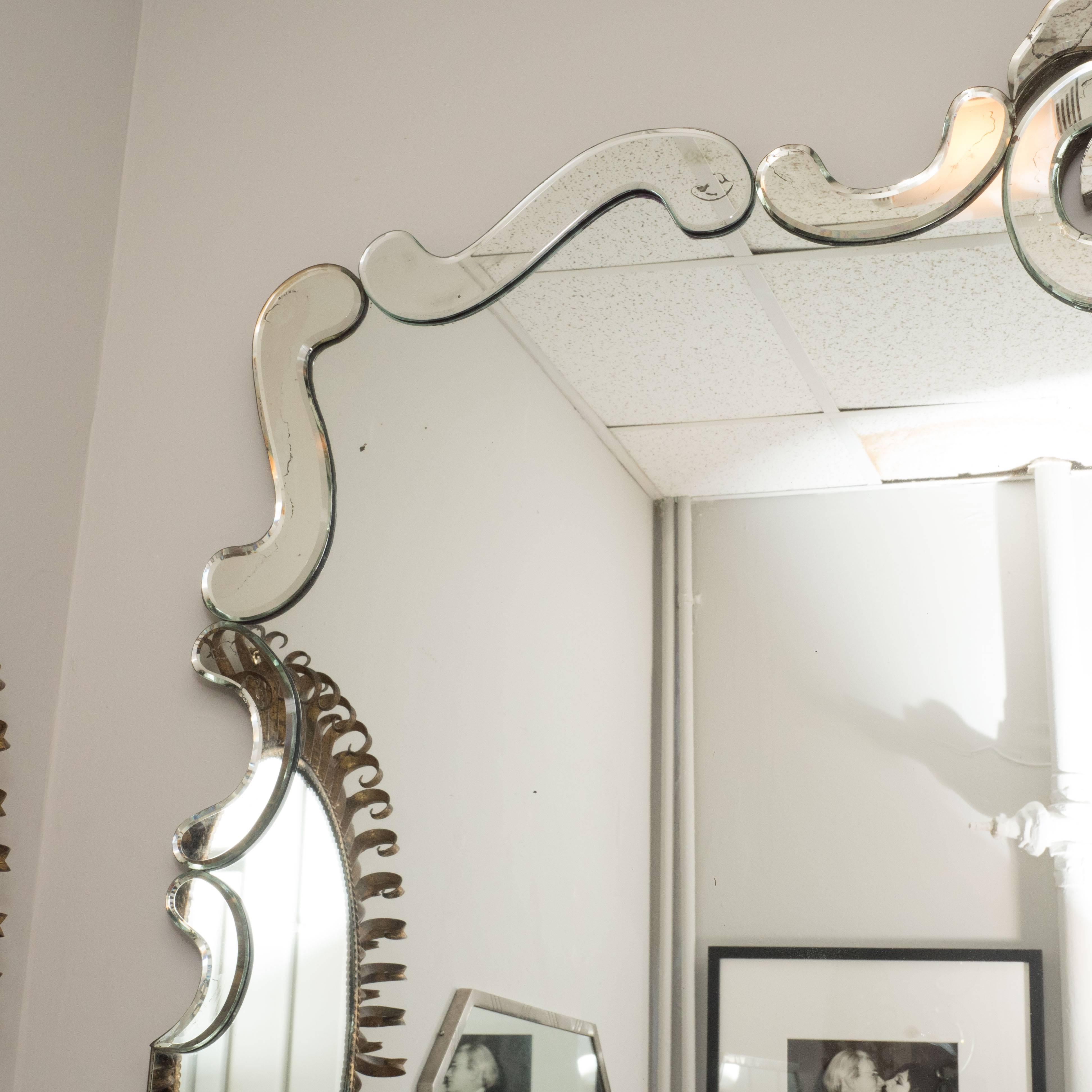 1940s Art Deco Venetian Style Mirror with Raised Scroll Form Border In Excellent Condition In New York, NY