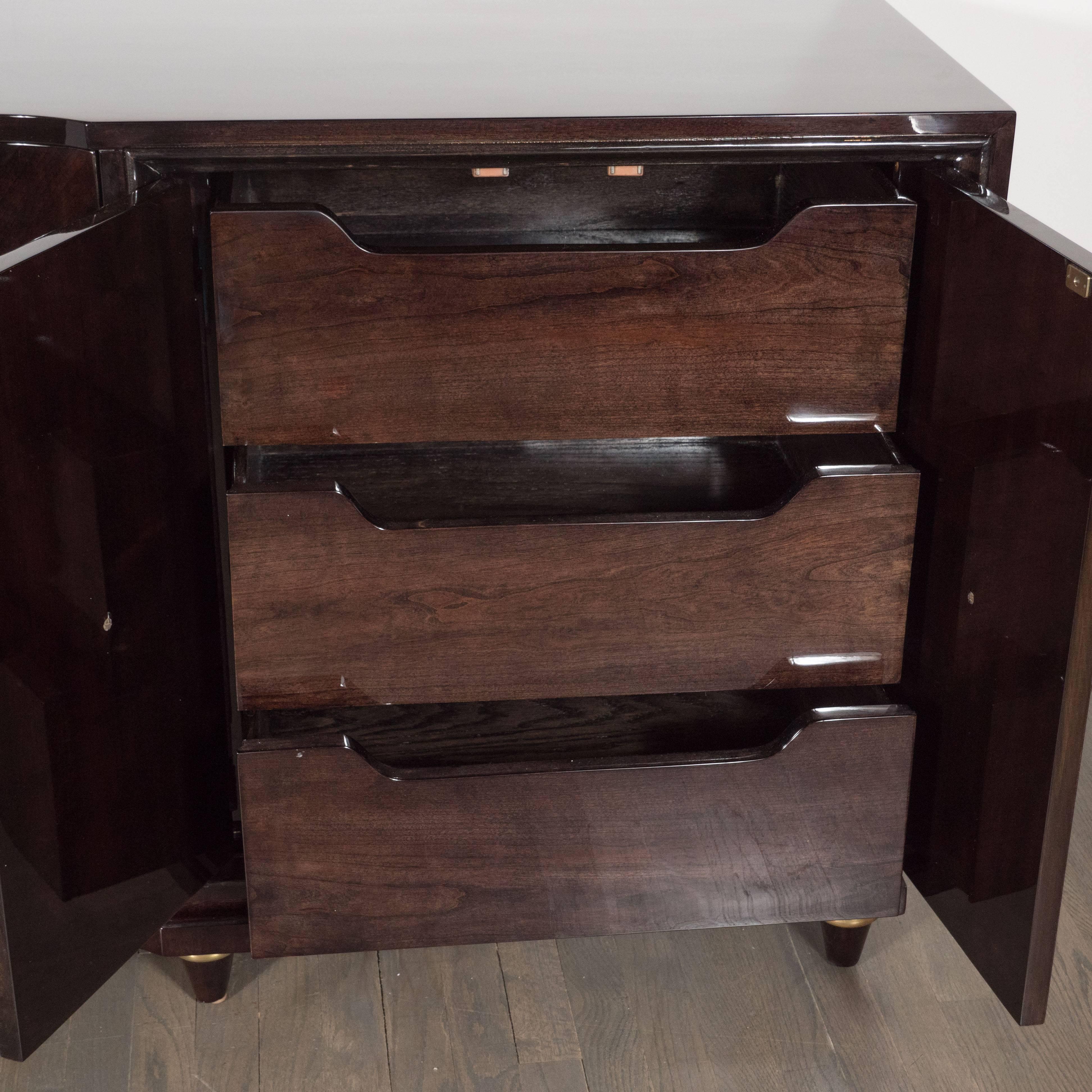 Mid-Century Modern Ebonized Walnut Sideboard/Chest with Starburst Brass Pulls In Excellent Condition In New York, NY