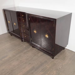 Mid-Century Modern Ebonized Walnut Sideboard/Chest with Starburst Brass Pulls