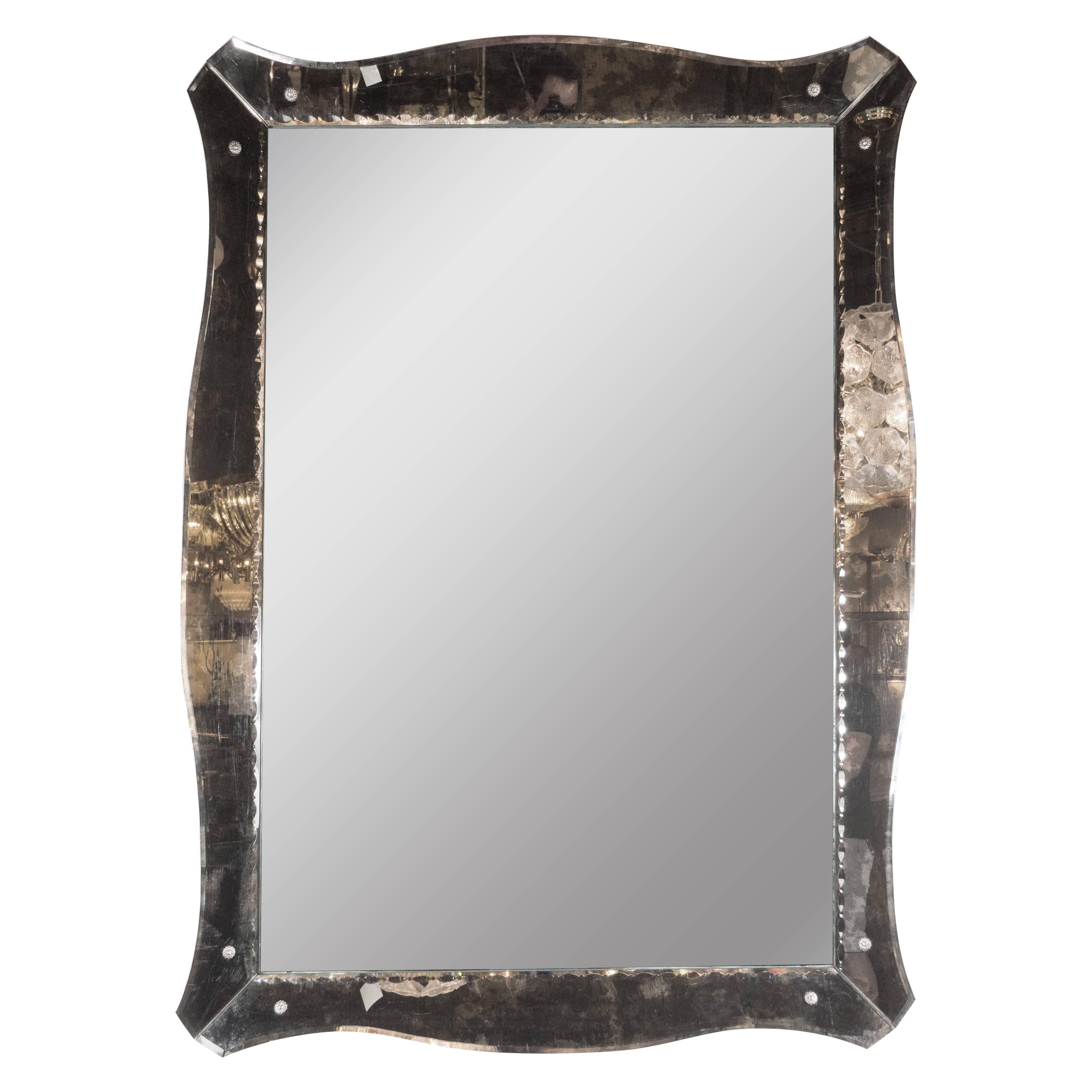 1940s, Smoked Mirror with Chain Beveled Details and Scalloped Edges