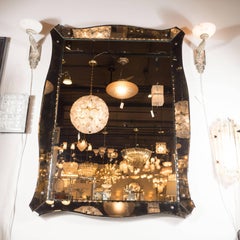 1940s, Smoked Mirror with Chain Beveled Details and Scalloped Edges